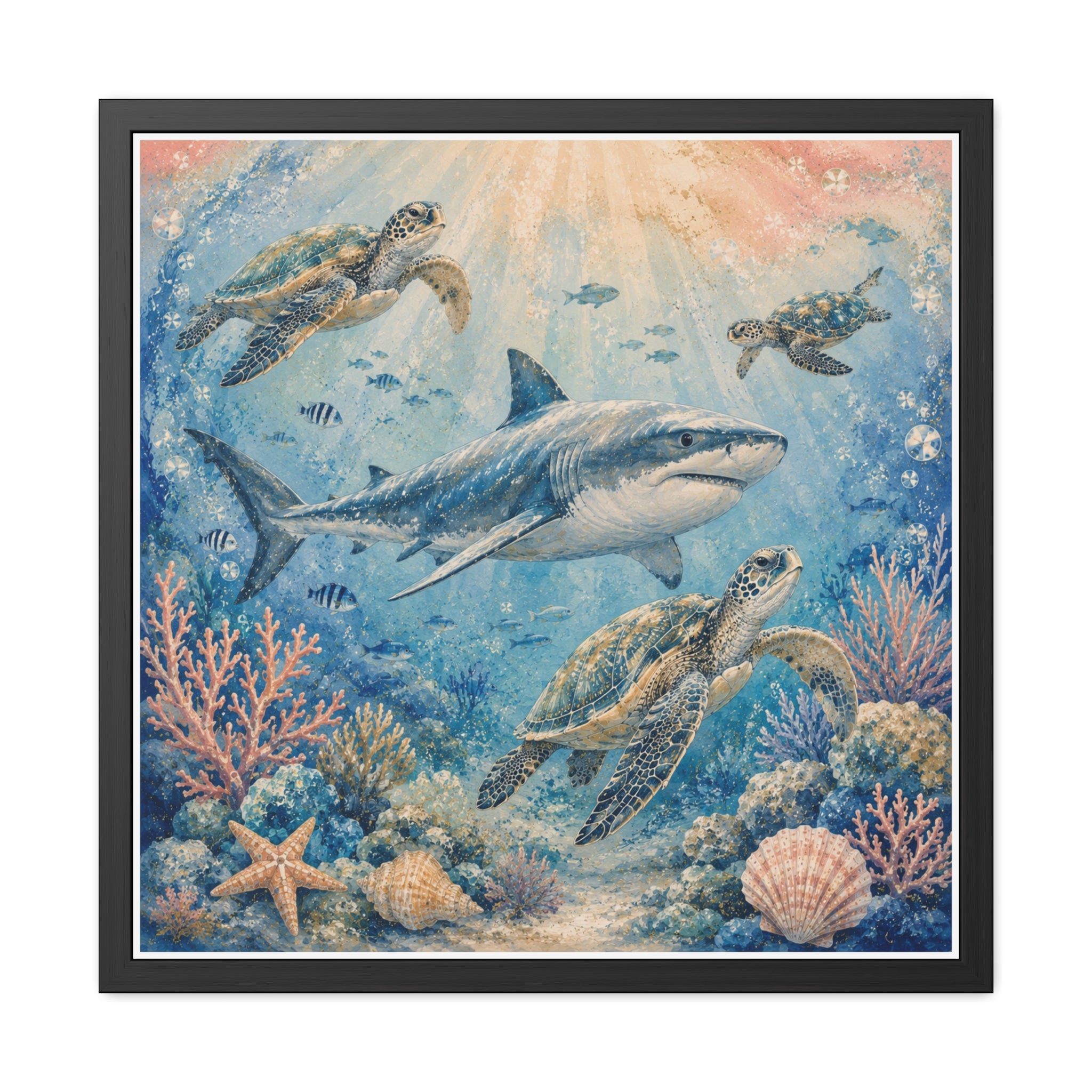 NURSERY - Sea turtles and a graceful shark swim through a peaceful underwater world.