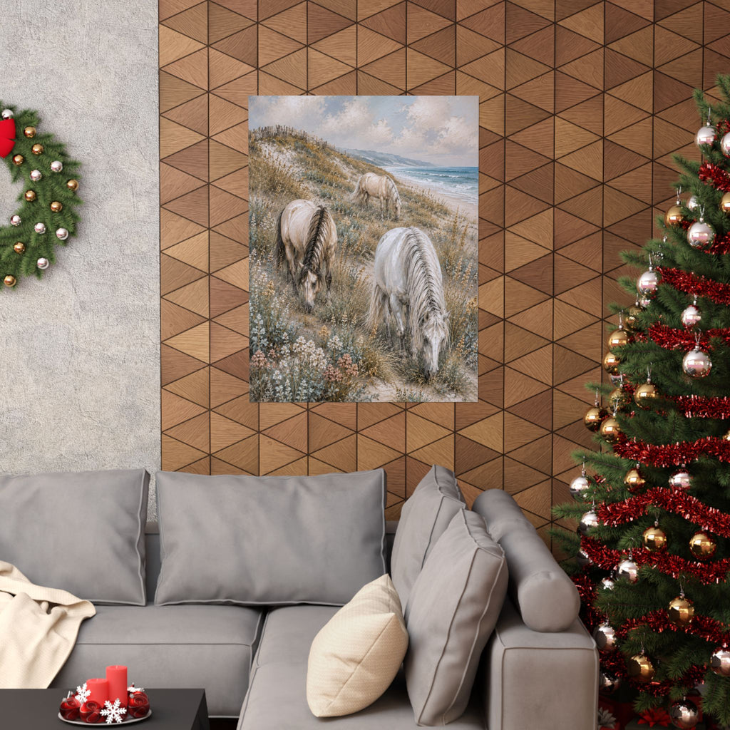 Three graceful horses graze among coastal dunes overlooking the sea in this serene equestrian artwork featuring soft neutral tones, textured details, and timeless seaside beauty.