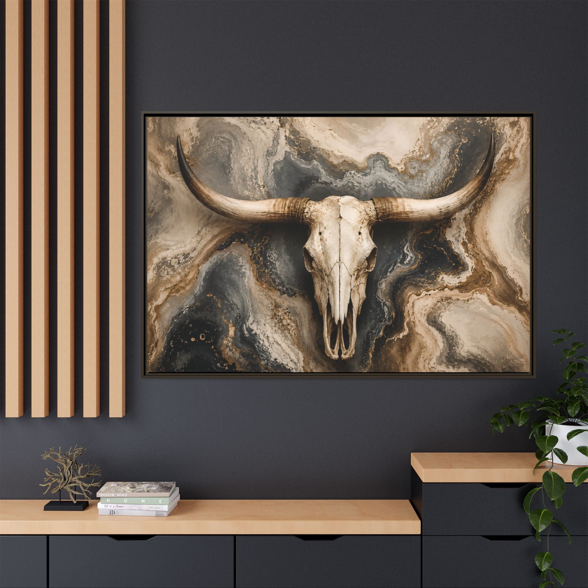 In entry way Western longhorn skull artwork featuring a dramatic marbled background in ivory, charcoal, taupe, and gold. Modern ranch-inspired wall art blending rustic Western heritage with luxury farmhouse and contemporary home décor styles.