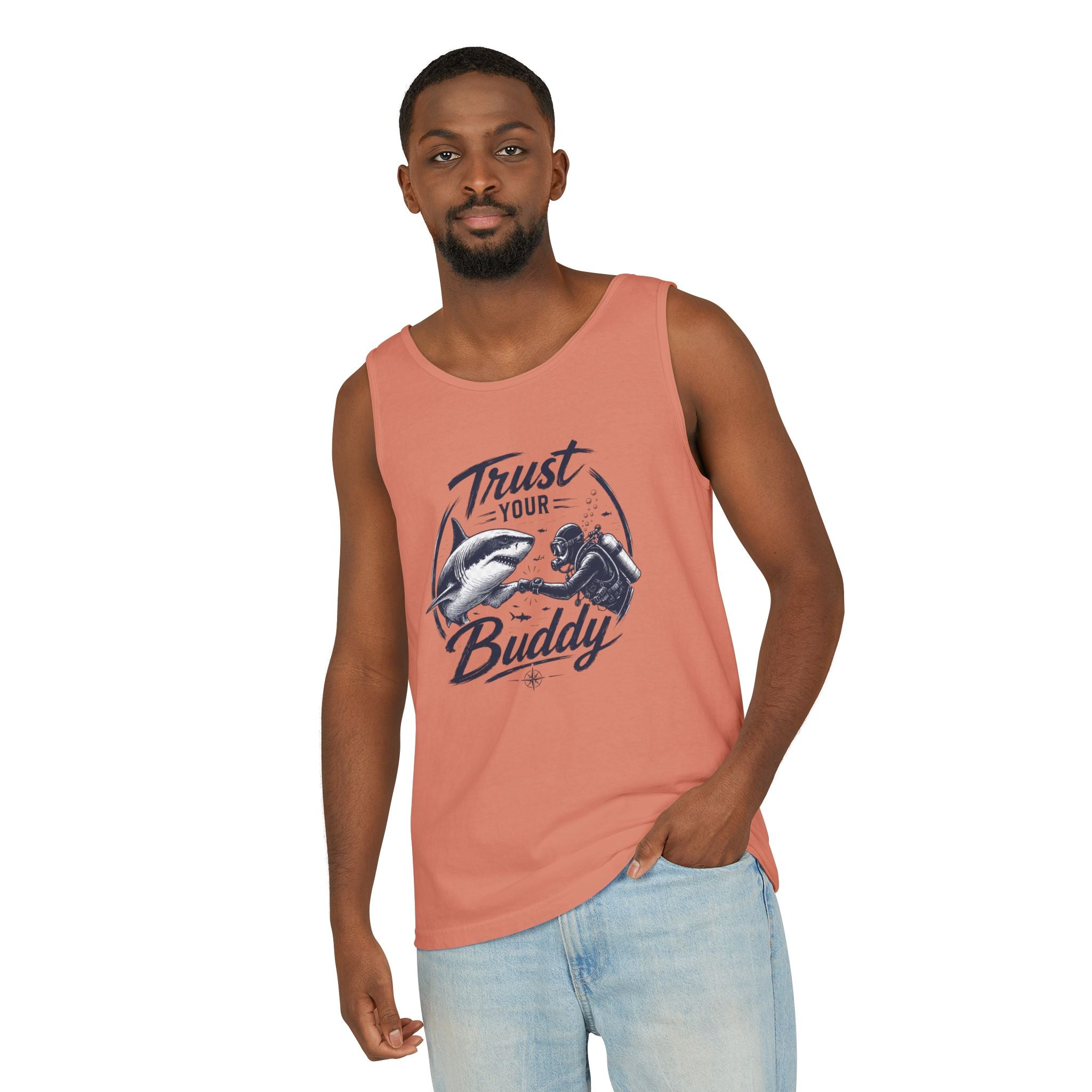 Trust Your Buddy | Vintage Scuba Diver Graphic Shirt | Keep the Ocean Wild -  Unisex Garment-Dyed Tank Top