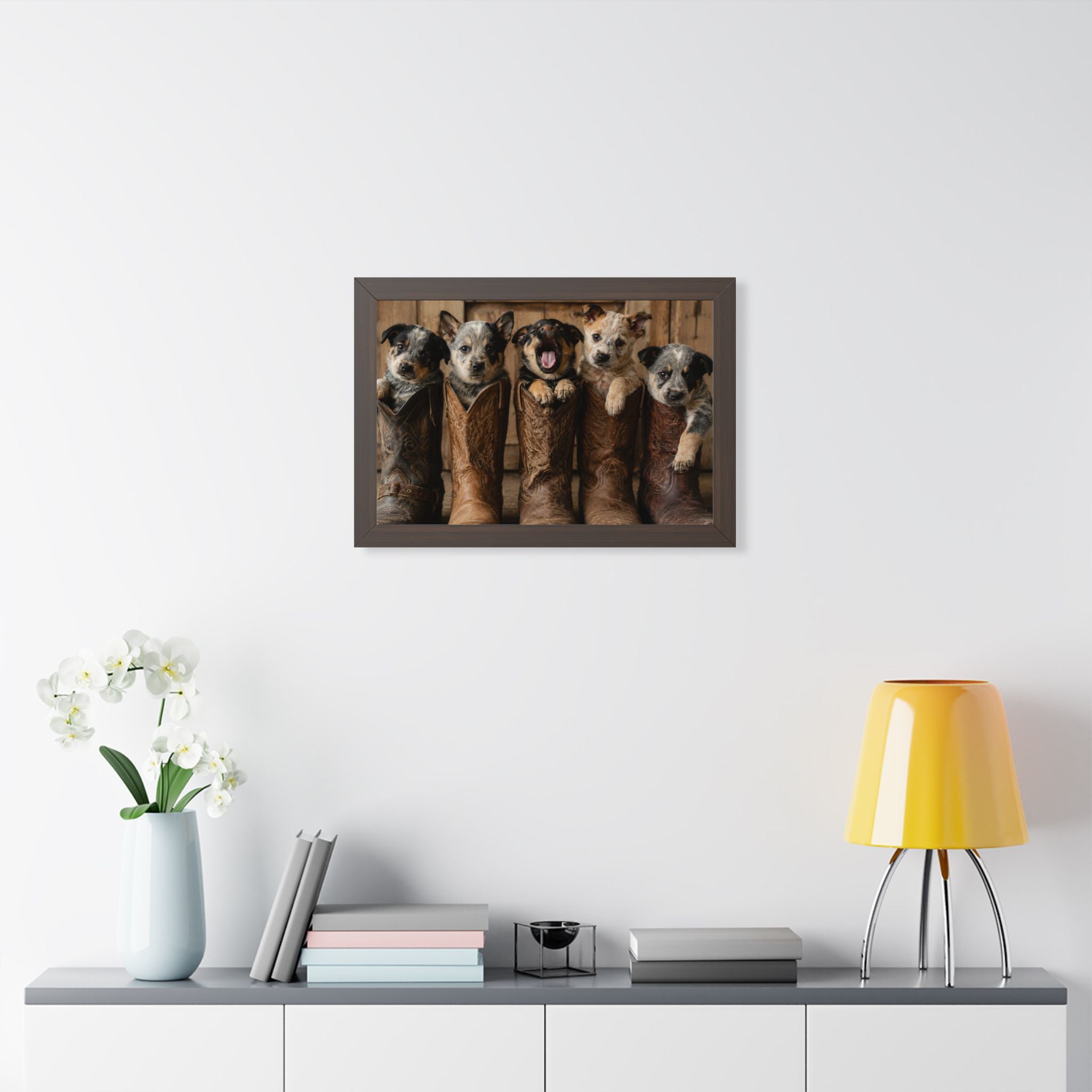 Adorable puppies peeking from weathered cowboy boots create a heartwarming blend of Western charm, playful personalities, and rustic farmhouse style.
