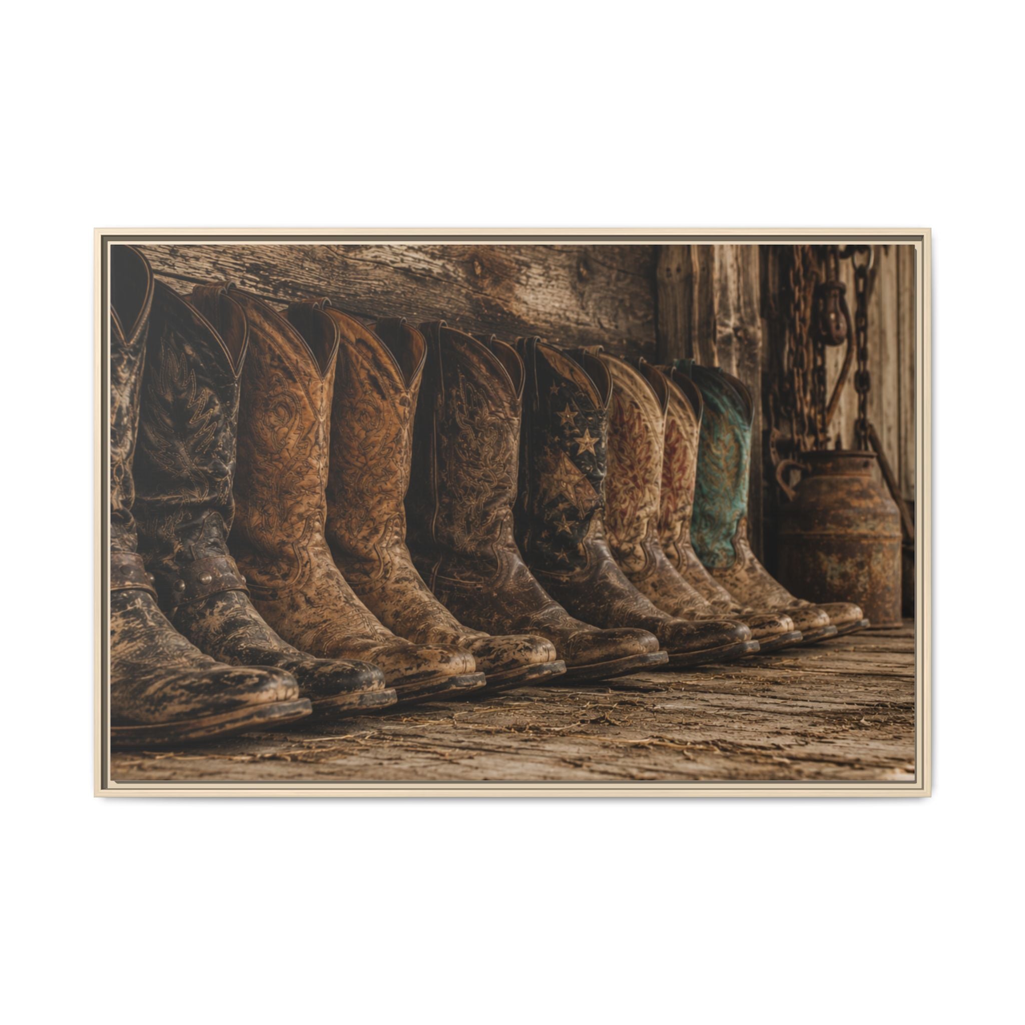 A collection of weathered cowboy boots lined against a rustic barn wall, celebrating the craftsmanship, heritage, and enduring spirit of the American West. Wall display.