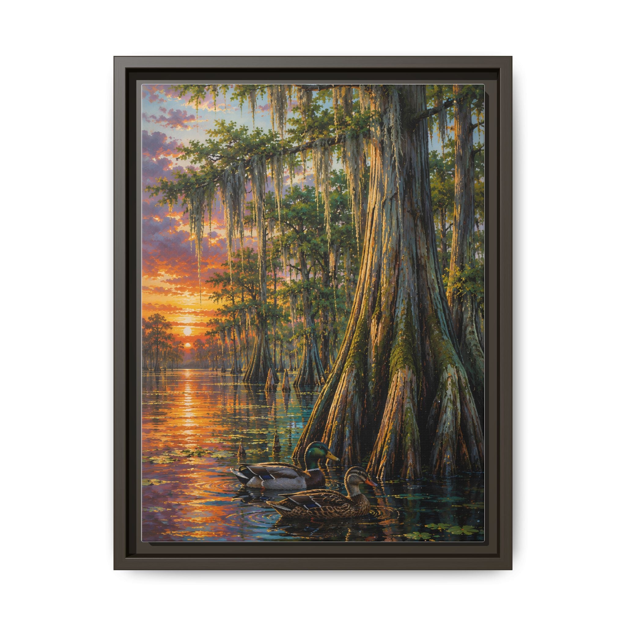 A serene Southern wetland painting featuring majestic cypress trees, glowing sunset reflections, and peaceful waters. Rich colors and timeless beauty make this signed artwork a stunning addition to traditional, coastal, farmhouse, and rustic interiors.