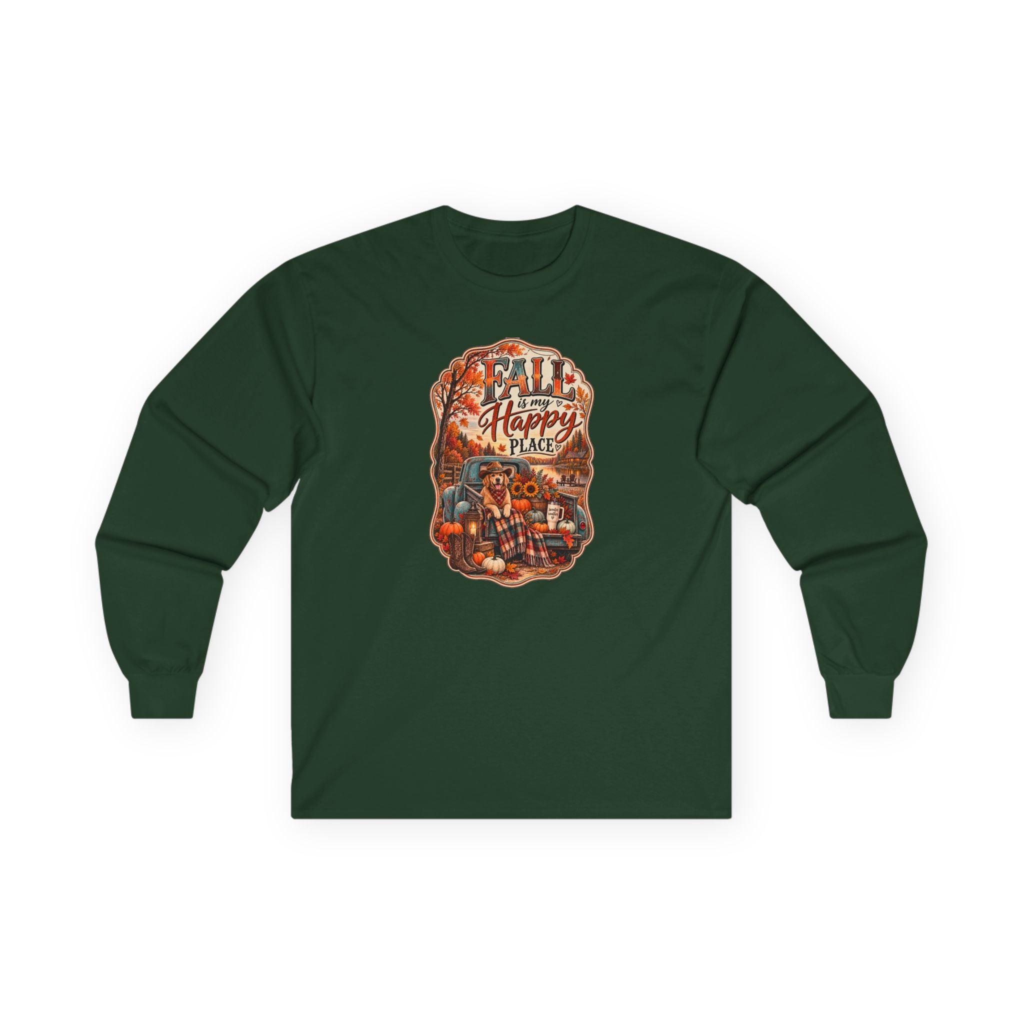 Fall Is My Happy Place | Golden Retriever Fall Shirt | Country Autumn Dog Design | Vintage Truck Pumpkin Sweatshirt - Unisex Ultra Cotton Long Sleeve Tee