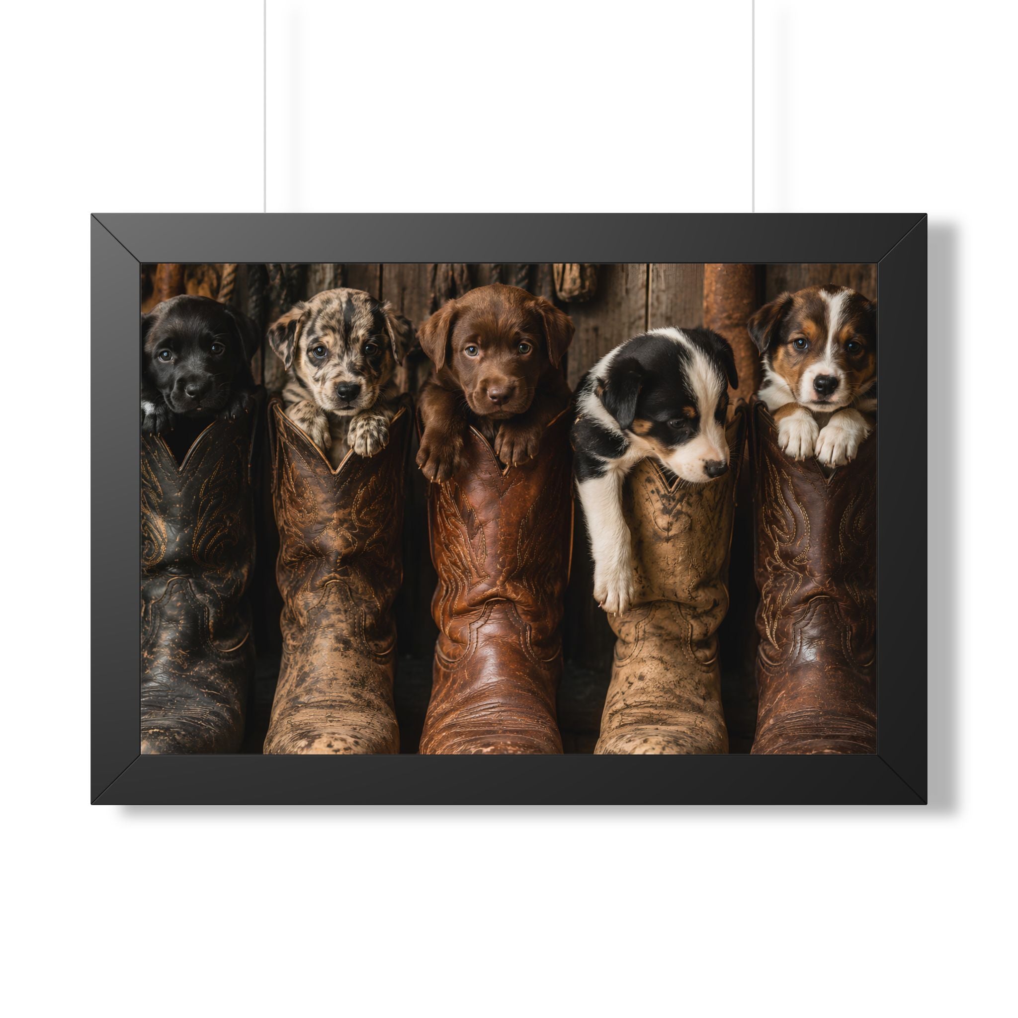 Black Frame Wall Portrait - Five adorable puppies nestled in weathered cowboy boots create a heartwarming scene filled with Western charm, playful personalities, and rustic country style.