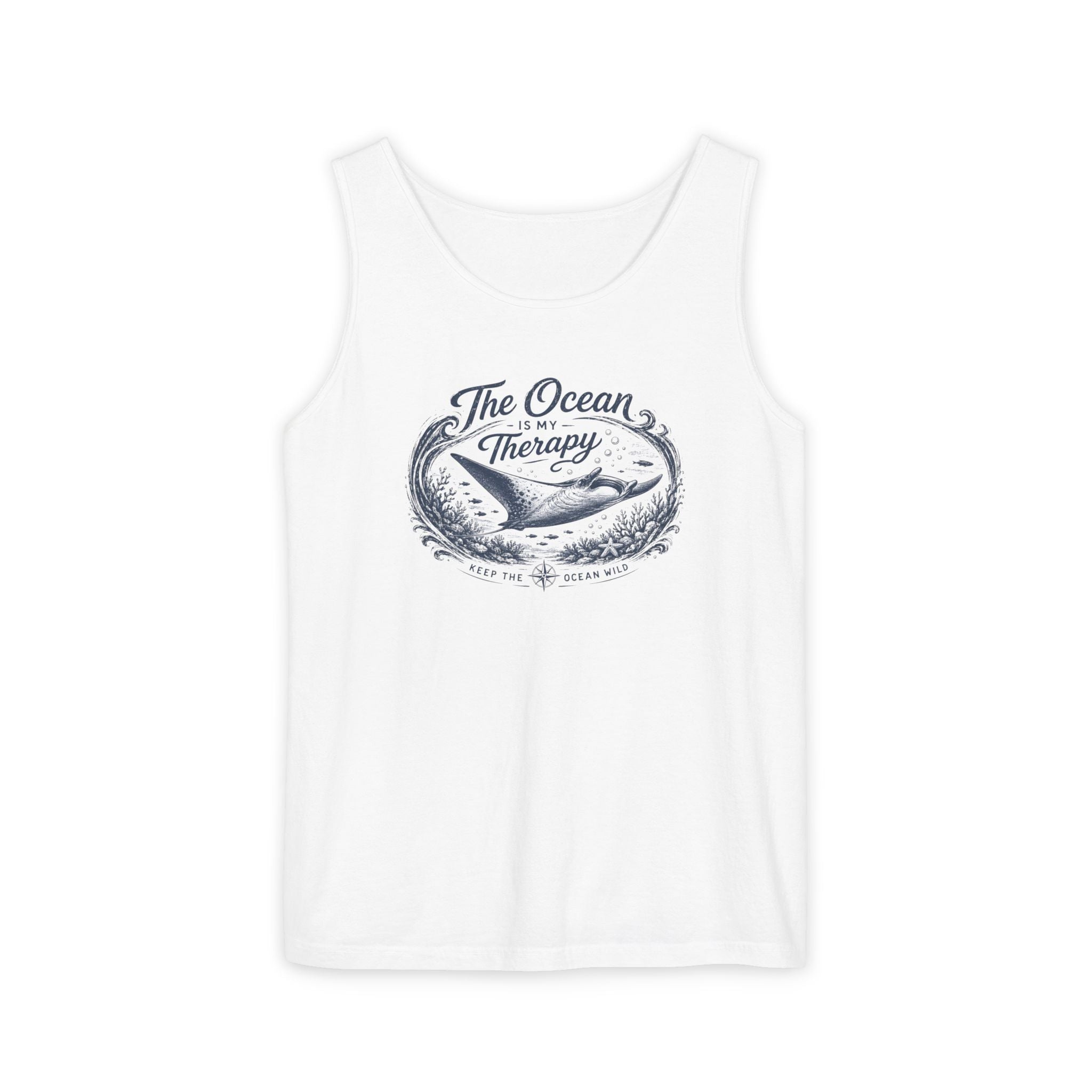 The Ocean Is My Therapy | Vintage Manta Ray Graphic Shirt | Keep the Ocean Wild - Unisex Garment-Dyed Tank Top