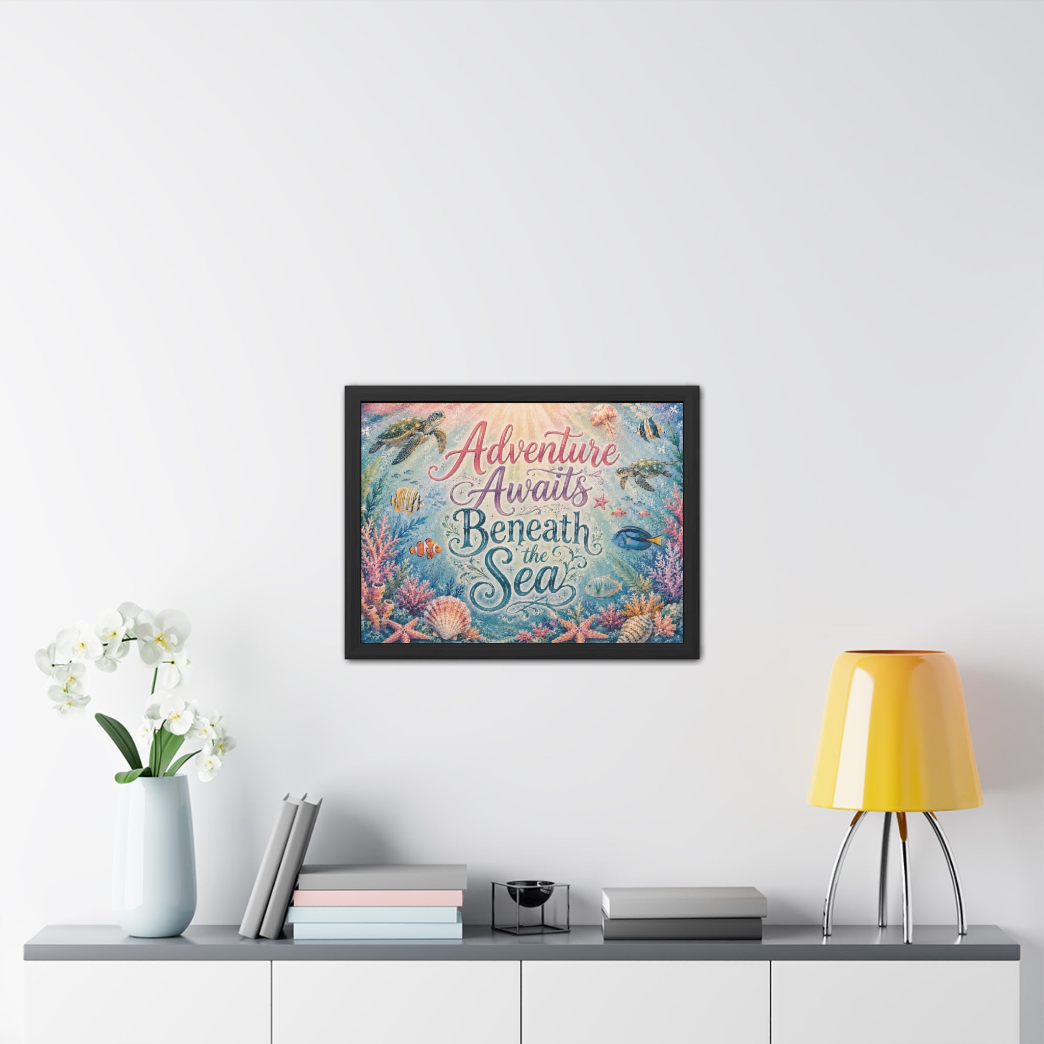 Whimsical ocean typography artwork combines elegant lettering with playful underwater details. Sea turtles, tropical fish, coral gardens, shells, and gentle ocean light. 
