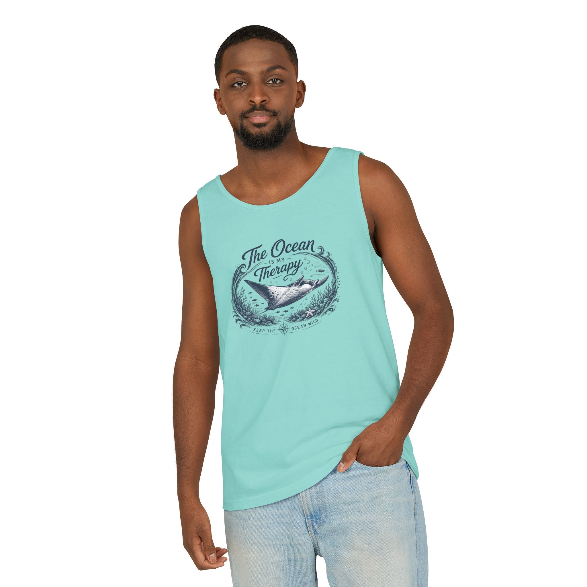 The Ocean Is My Therapy | Vintage Manta Ray Graphic Shirt | Keep the Ocean Wild - Unisex Garment-Dyed Tank Top