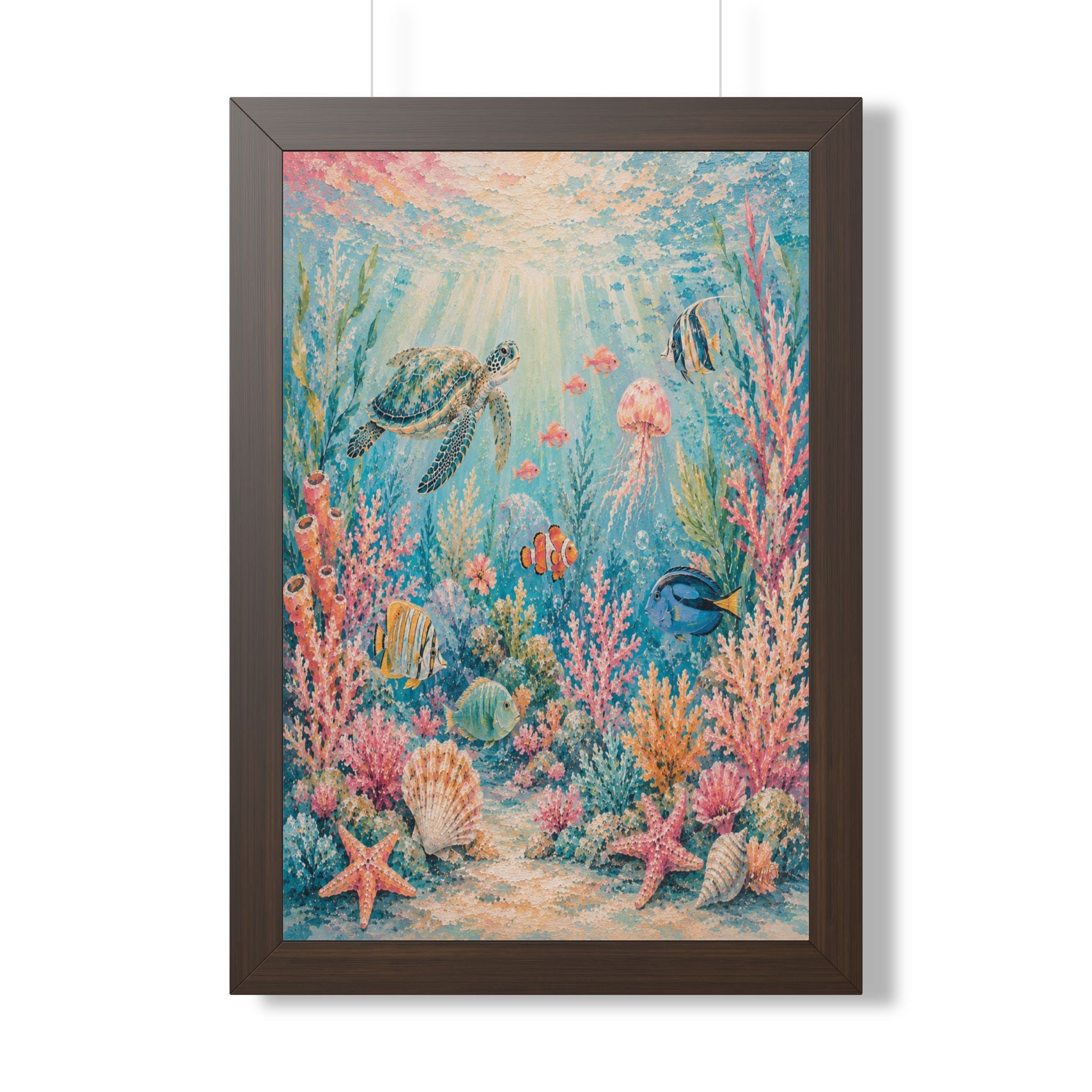 A graceful sea turtle explores a colorful coral reef beneath sparkling ocean waters.