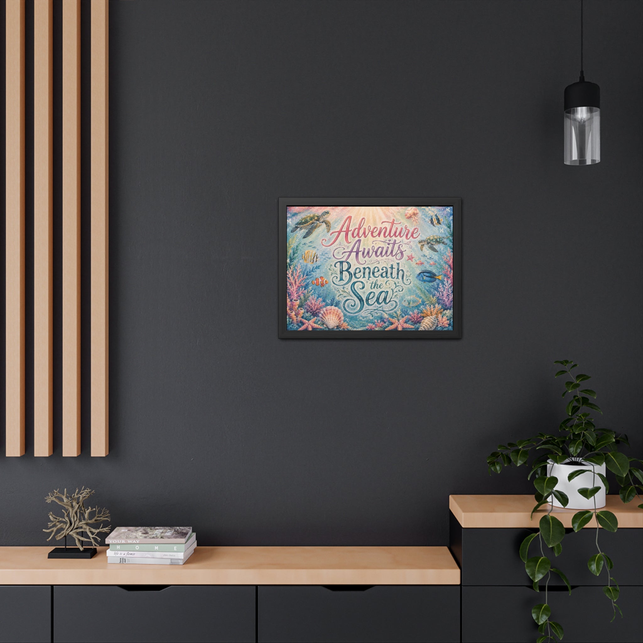 Whimsical ocean typography artwork combines elegant lettering with playful underwater details. Sea turtles, tropical fish, coral gardens, shells, and gentle ocean light. 
