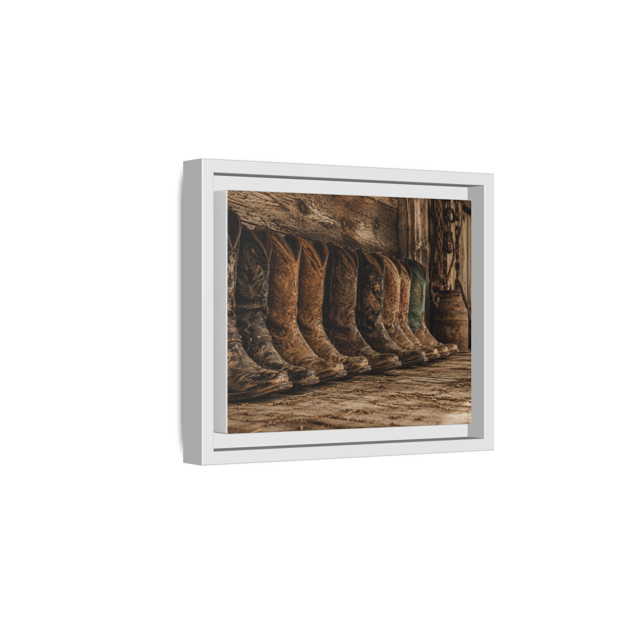 Legends in Leather - Framed Matte Canvas Print — Vintage Cowboy Boots Wall Art