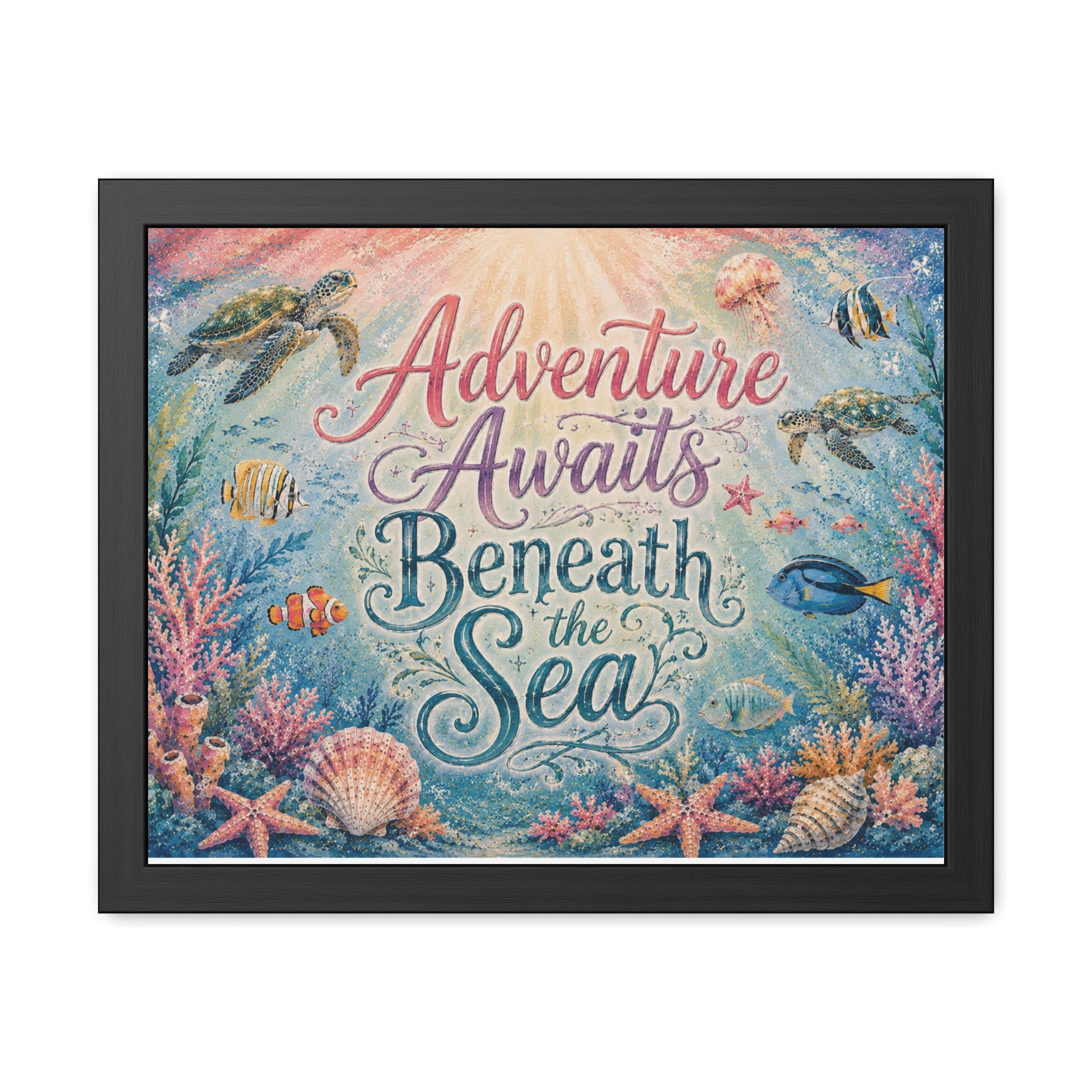 BROWN FRAME - Whimsical ocean typography artwork combines elegant lettering with playful underwater details. Sea turtles, tropical fish, coral gardens, shells, and gentle ocean light. 