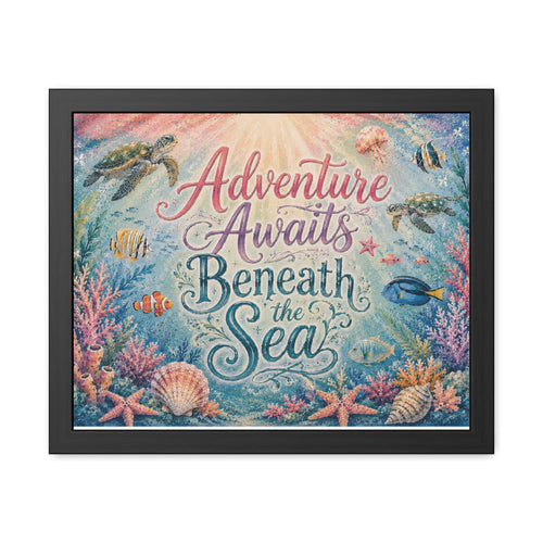 BROWN FRAME - Whimsical ocean typography artwork combines elegant lettering with playful underwater details. Sea turtles, tropical fish, coral gardens, shells, and gentle ocean light. 