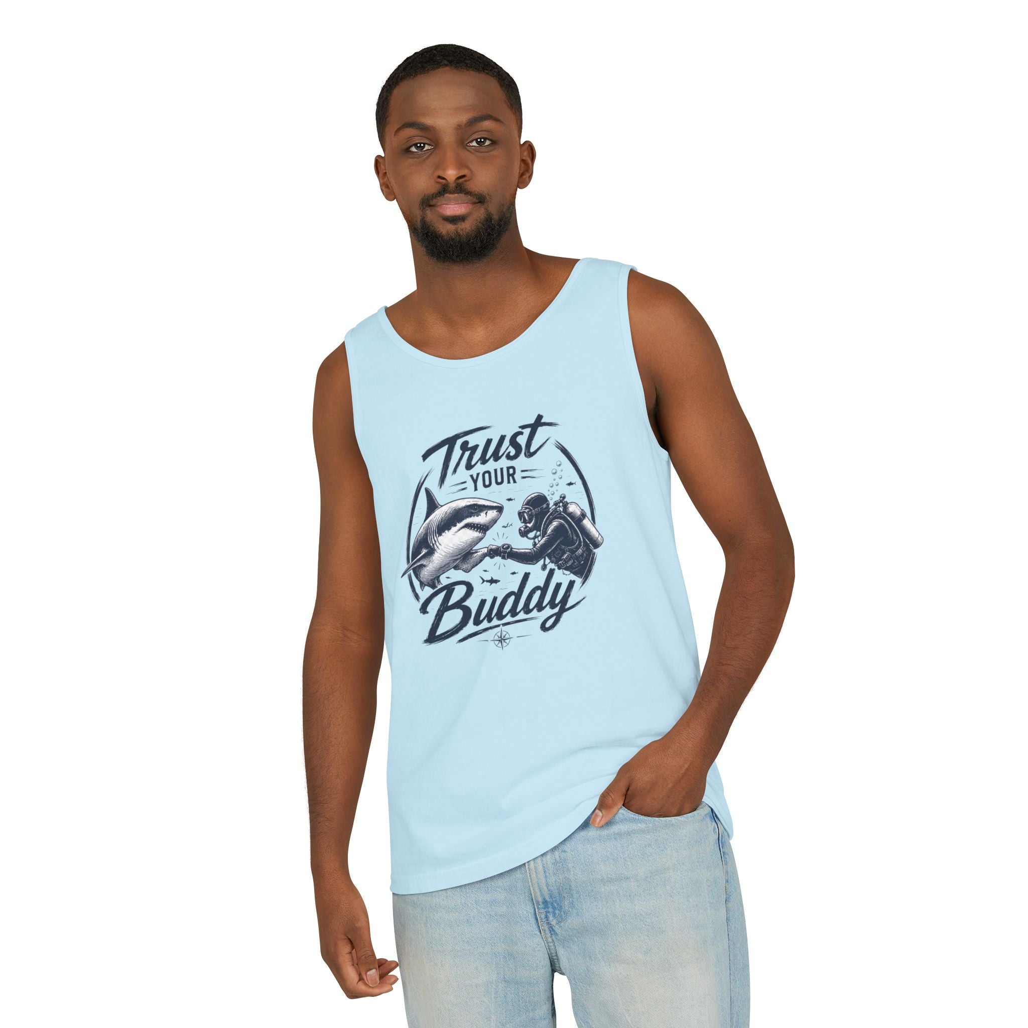 Trust Your Buddy | Vintage Scuba Diver Graphic Shirt | Keep the Ocean Wild -  Unisex Garment-Dyed Tank Top