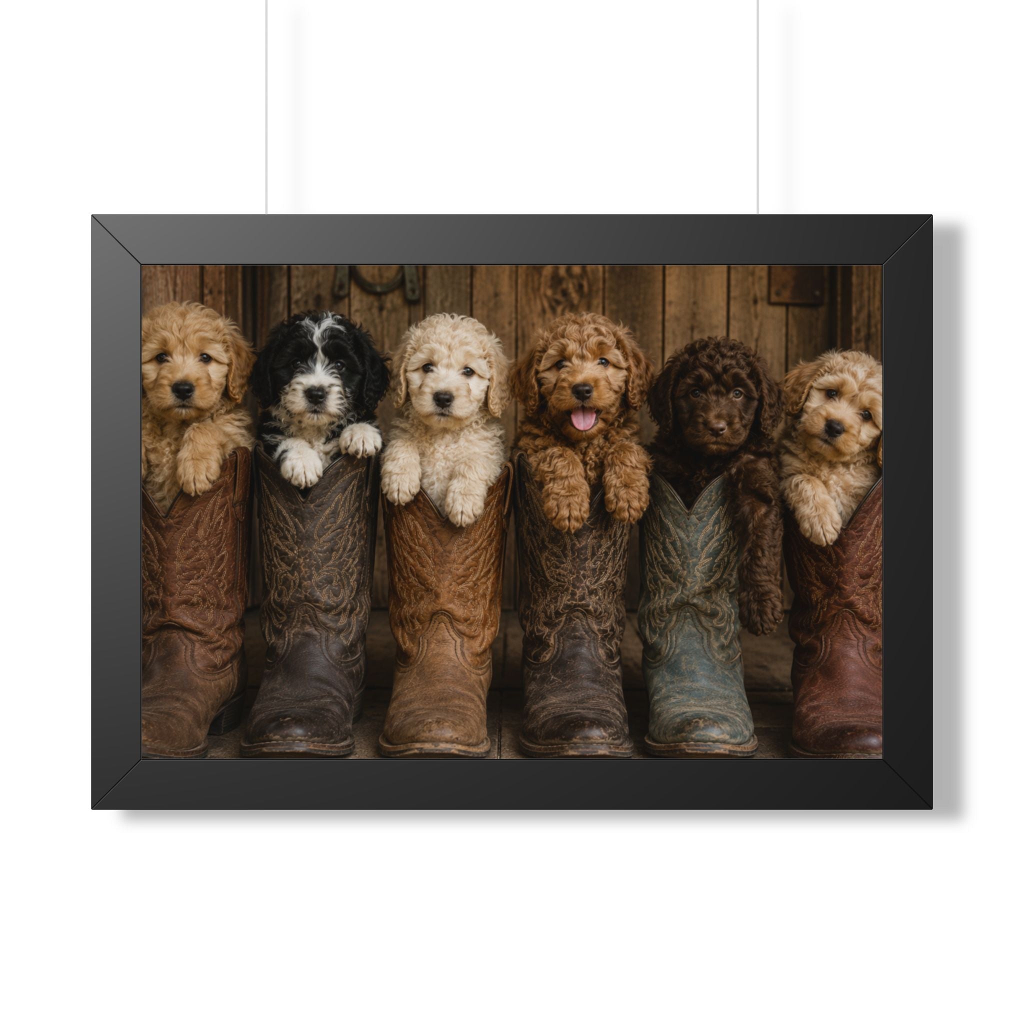 Black Frame - Six adorable puppies nestled inside weathered cowboy boots create a heartwarming blend of Western charm, playful personalities, and rustic farmhouse style.