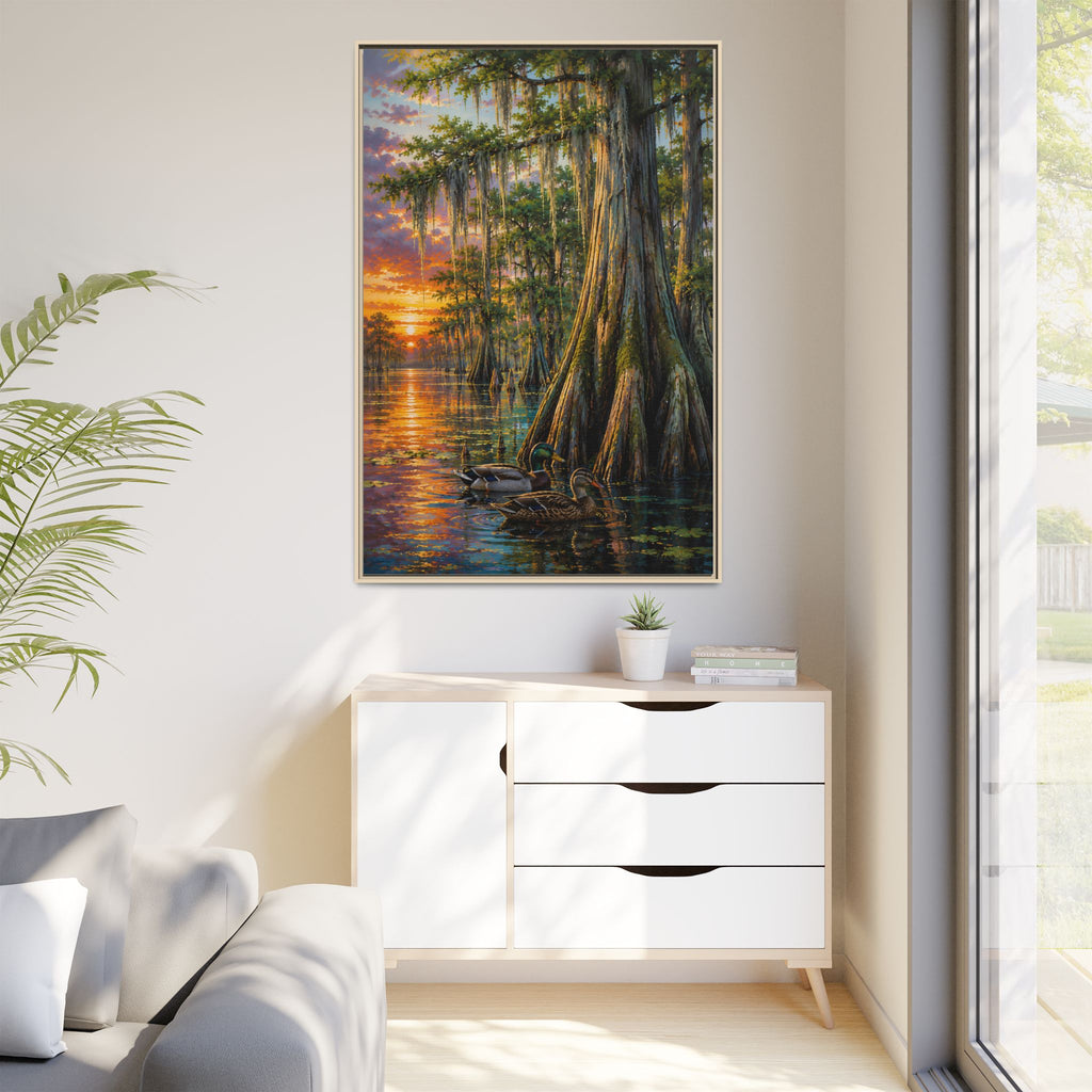 Living Room - A serene Southern wetland painting featuring majestic cypress trees, glowing sunset reflections, and peaceful waters. Rich colors and timeless beauty make this signed artwork a stunning addition to traditional, coastal, farmhouse, and rustic interiors.