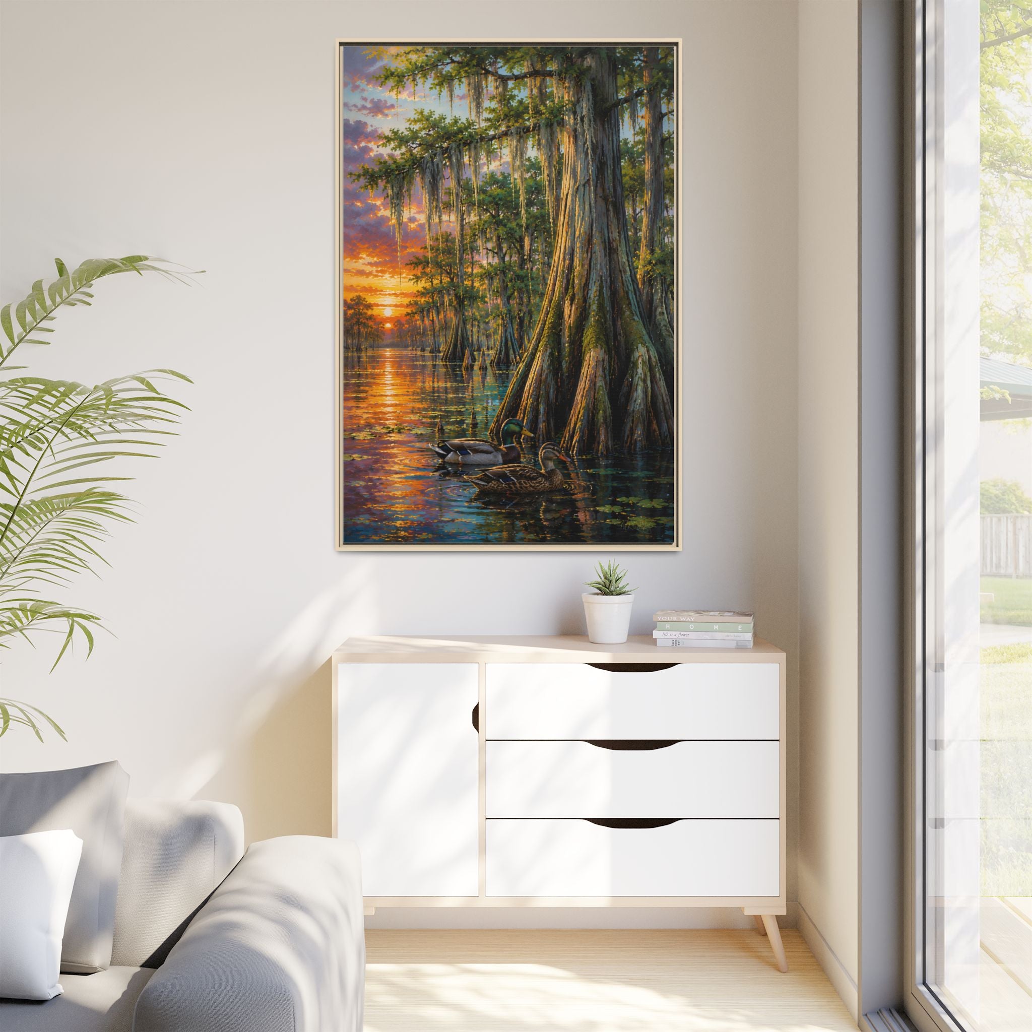 Living Room - A serene Southern wetland painting featuring majestic cypress trees, glowing sunset reflections, and peaceful waters. Rich colors and timeless beauty make this signed artwork a stunning addition to traditional, coastal, farmhouse, and rustic interiors.