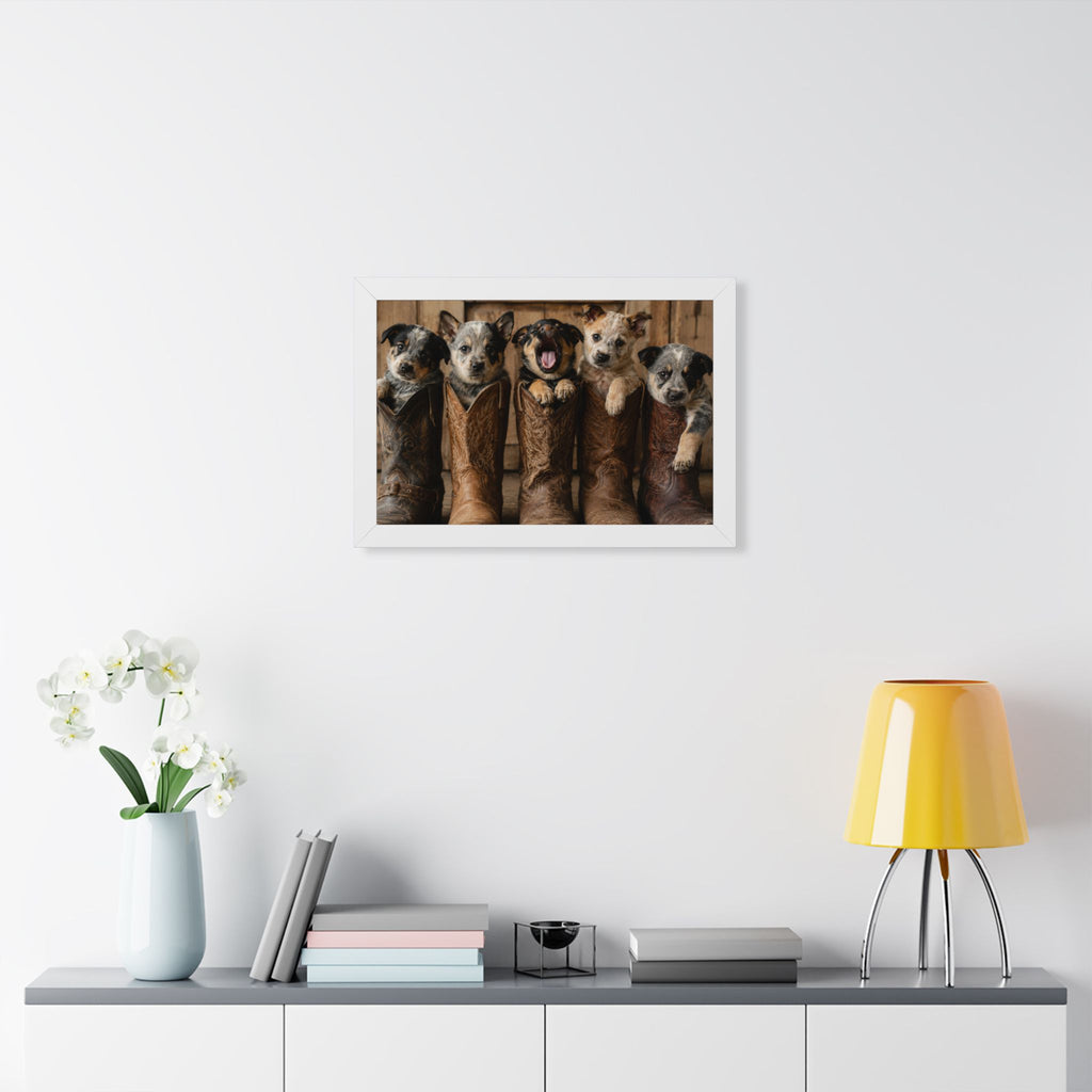 White Frame - Adorable puppies peeking from weathered cowboy boots create a heartwarming blend of Western charm, playful personalities, and rustic farmhouse style.