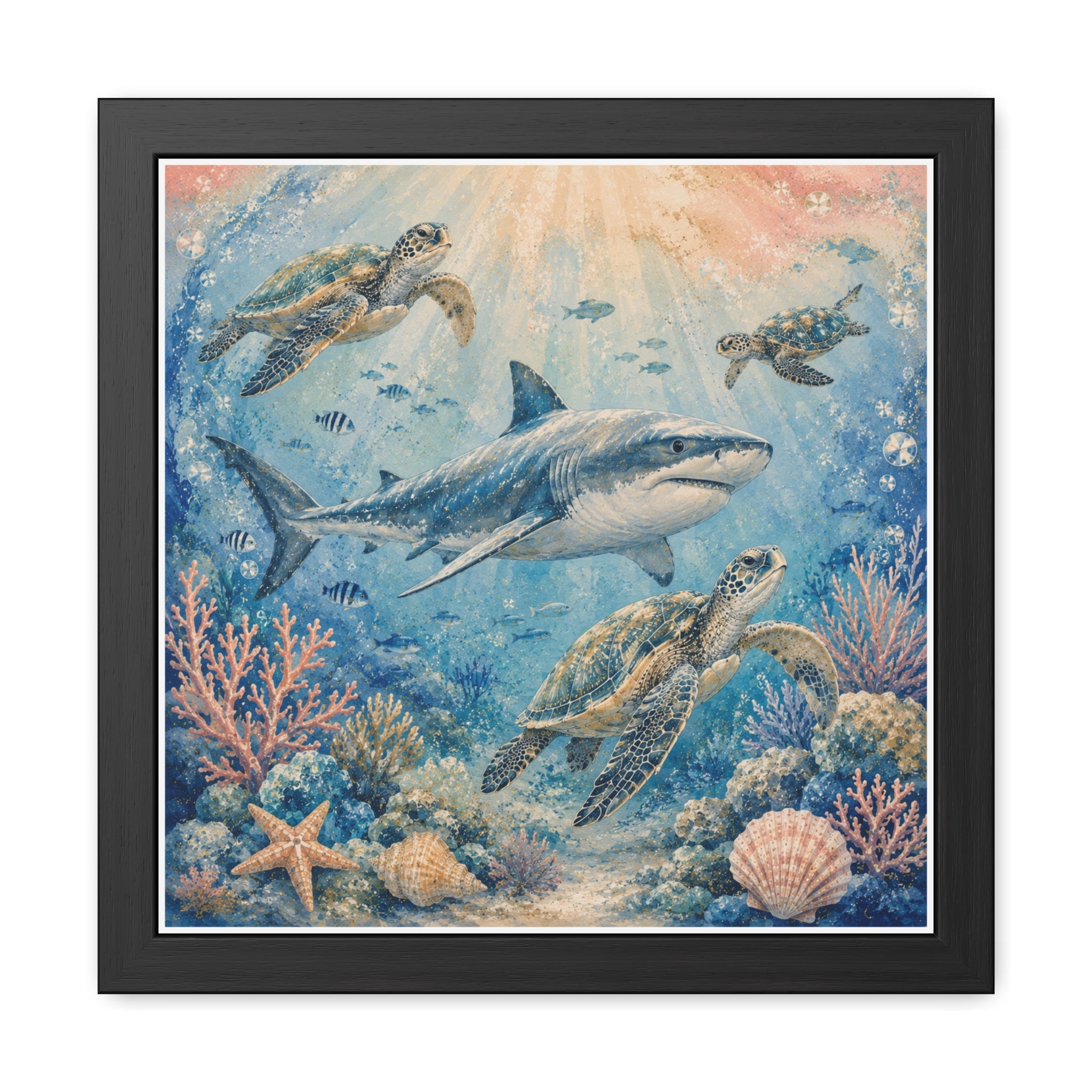 BLACK FRAME - Sea turtles and a graceful shark swim through a peaceful underwater world.