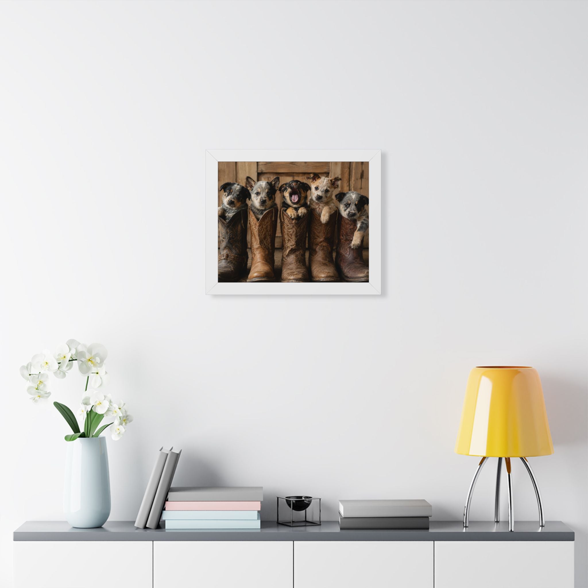 Adorable puppies peeking from weathered cowboy boots create a heartwarming blend of Western charm, playful personalities, and rustic farmhouse style.