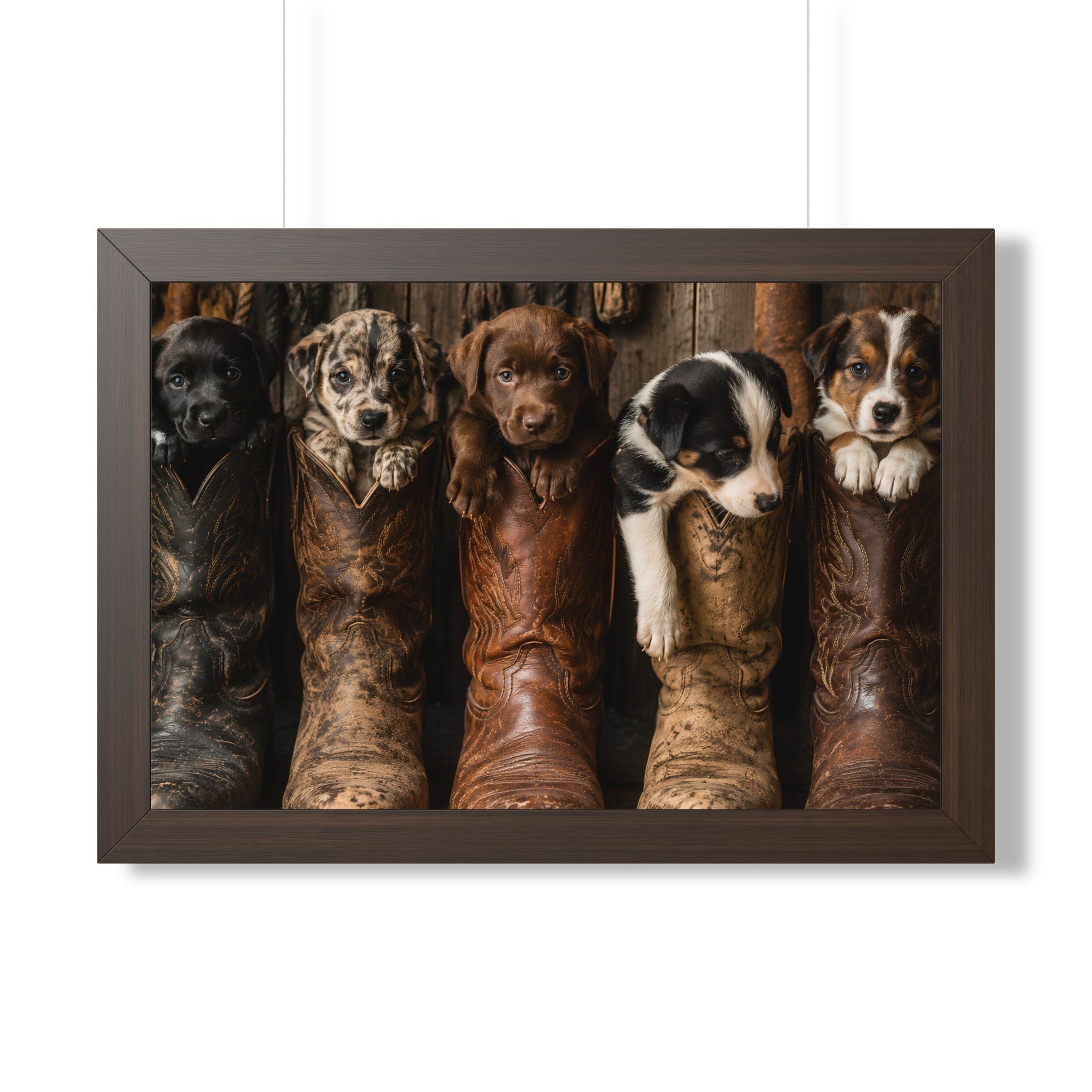 Brown Frame Wall Portrait Living Room  - Five adorable puppies nestled in weathered cowboy boots create a heartwarming scene filled with Western charm, playful personalities, and rustic country style.