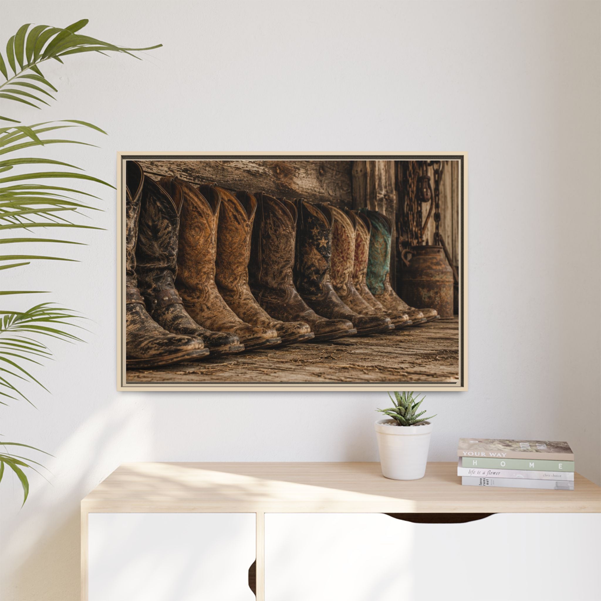 Legends in Leather - Framed Matte Canvas Print — Vintage Cowboy Boots Wall Art