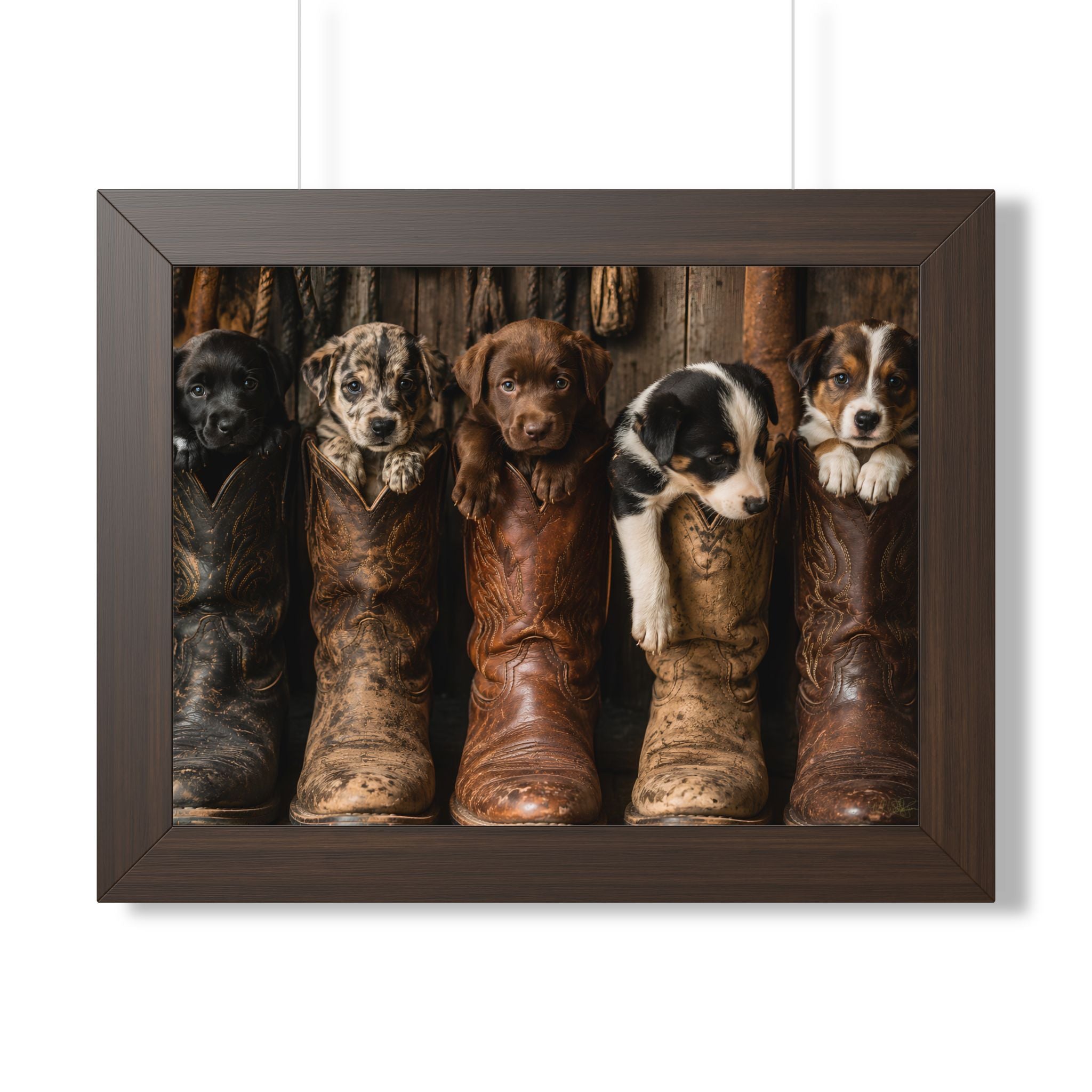 Brown Frame Wall Portrait Entryway  - Five adorable puppies nestled in weathered cowboy boots create a heartwarming scene filled with Western charm, playful personalities, and rustic country style.