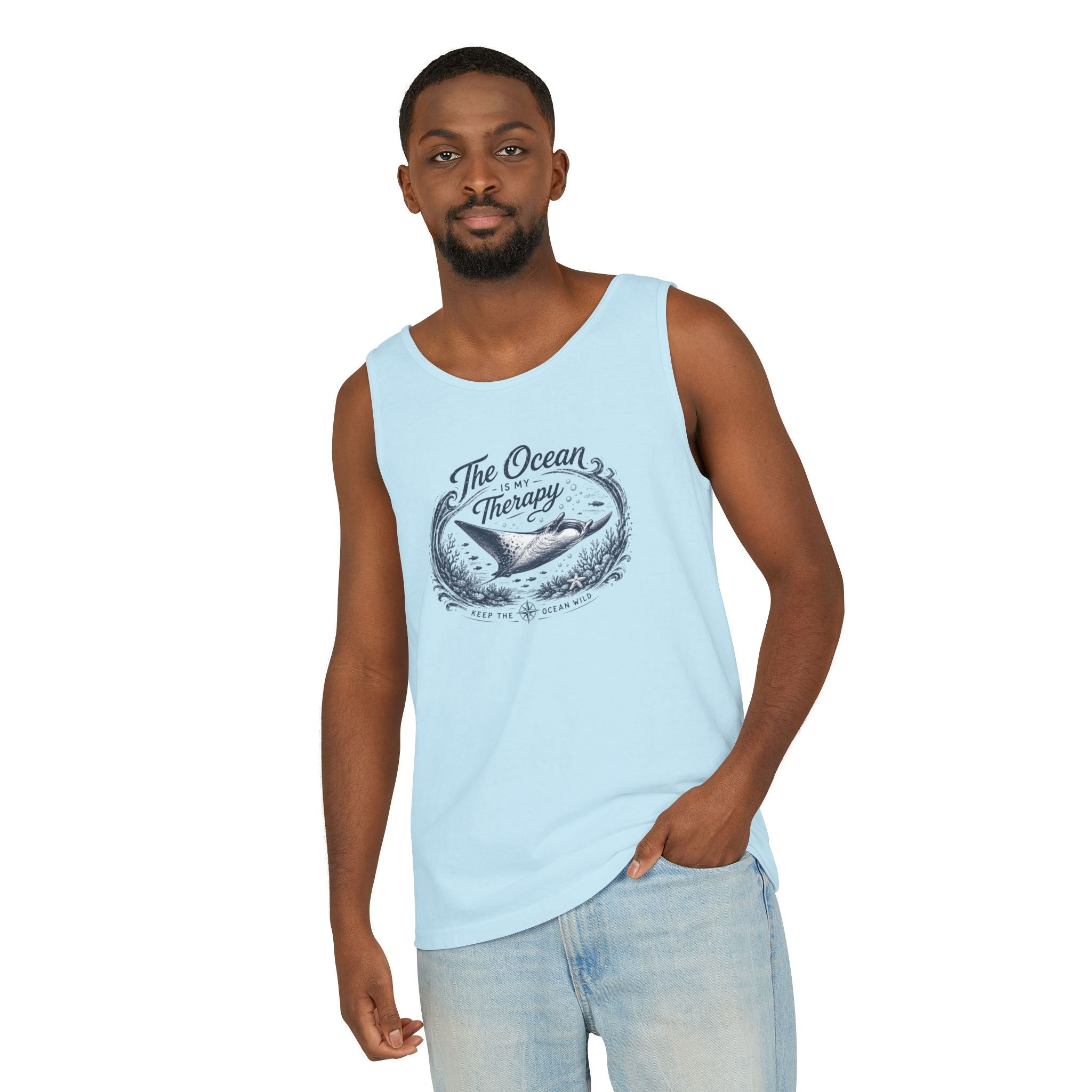 The Ocean Is My Therapy | Vintage Manta Ray Graphic Shirt | Keep the Ocean Wild - Unisex Garment-Dyed Tank Top