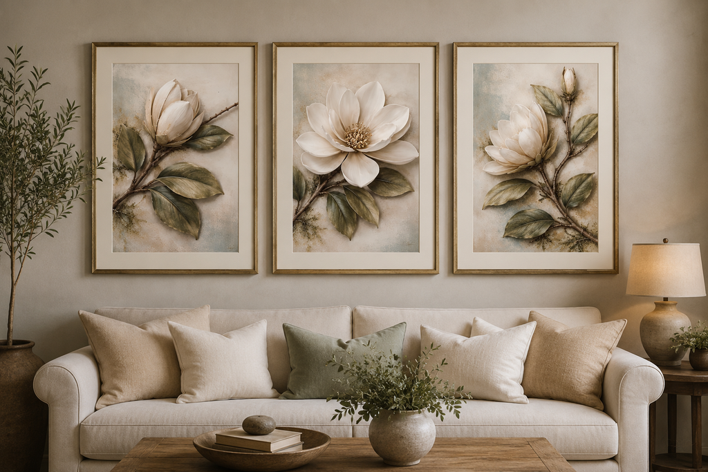 Living Room Setting - Three framed floral paintings on a beige wall above a wooden console table with decorative items.