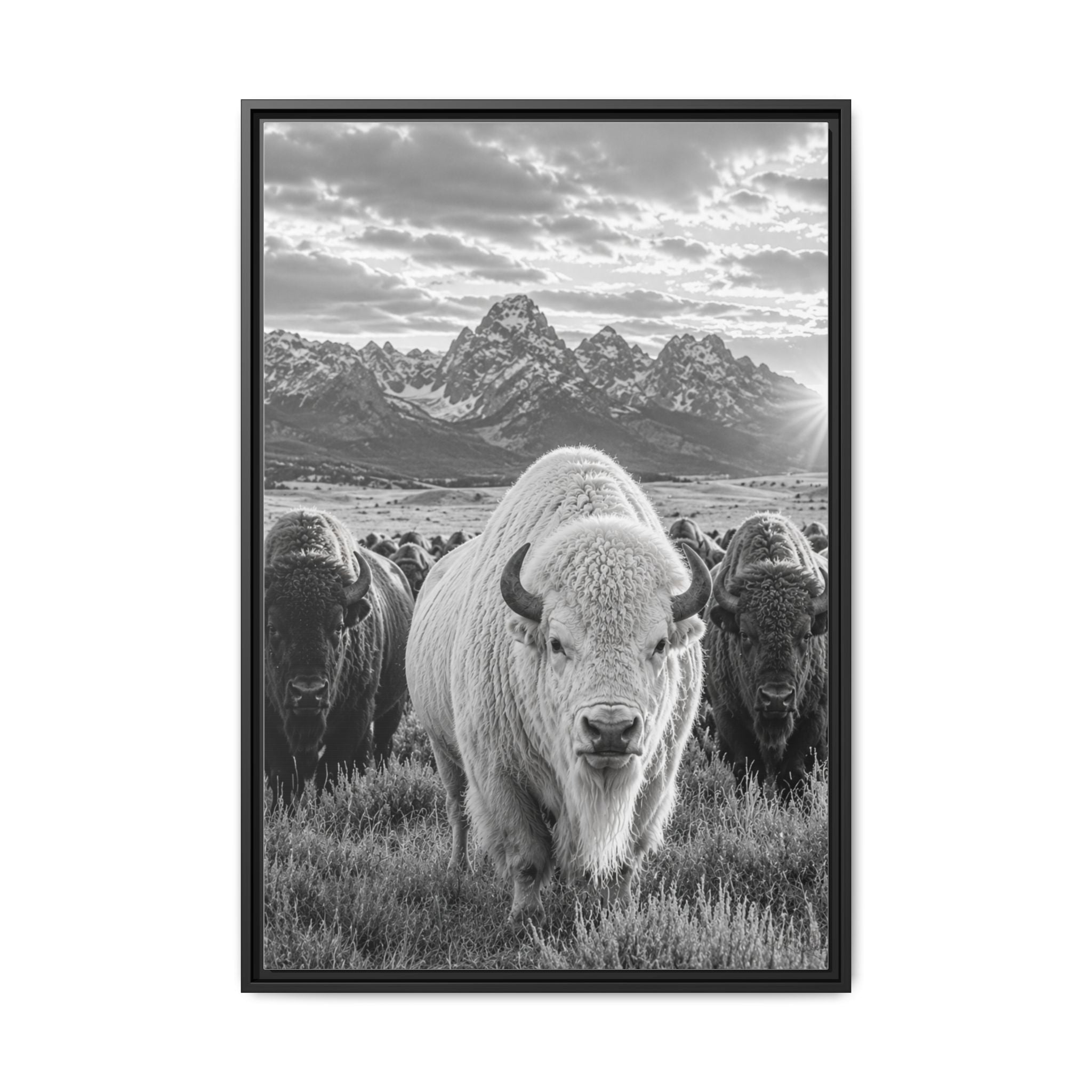 Bed Room - A striking black-and-white wildlife photograph featuring a rare white bison leading its herd beneath towering mountain peaks. Bold, timeless, and rich with western character, this fine art image celebrates the power and majesty of the American wilderness.