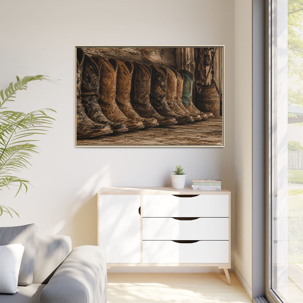 Legends in Leather - Framed Matte Canvas Print — Vintage Cowboy Boots Wall Art