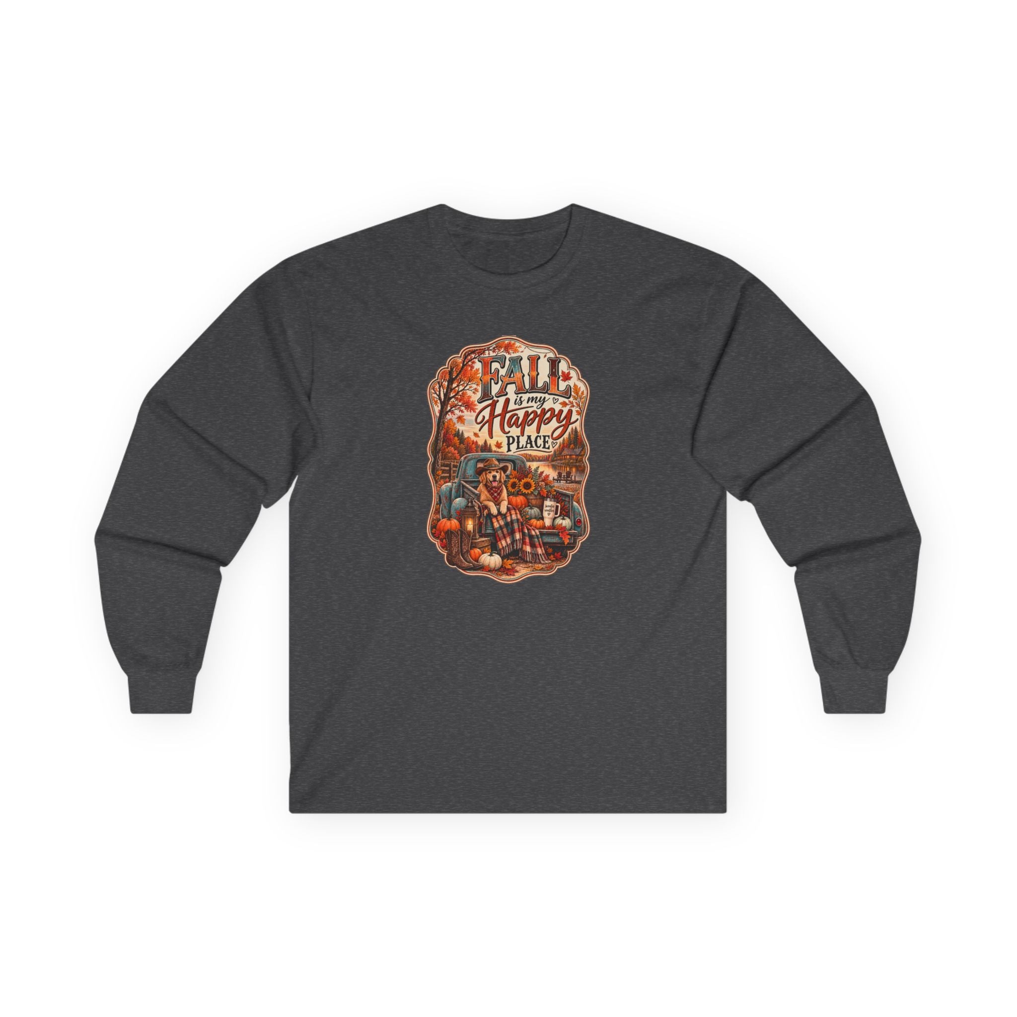 Fall Is My Happy Place | Golden Retriever Fall Shirt | Country Autumn Dog Design | Vintage Truck Pumpkin Sweatshirt - Unisex Ultra Cotton Long Sleeve Tee