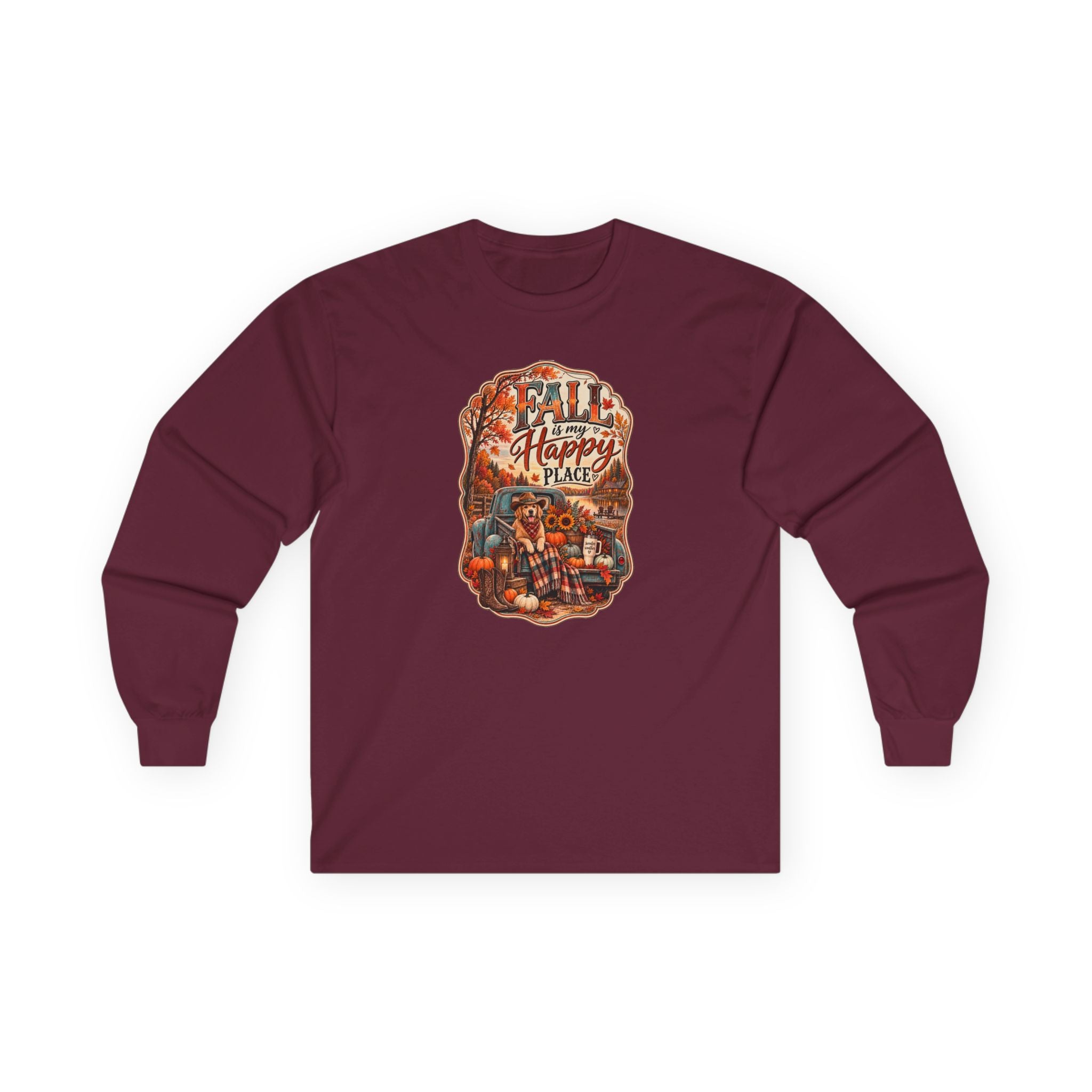 Fall Is My Happy Place | Golden Retriever Fall Shirt | Country Autumn Dog Design | Vintage Truck Pumpkin Sweatshirt - Unisex Ultra Cotton Long Sleeve Tee