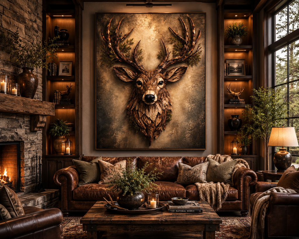 Rustic Living Room - Wooden deer head sculpture with antlers on a textured wall background with 3-D appearance.