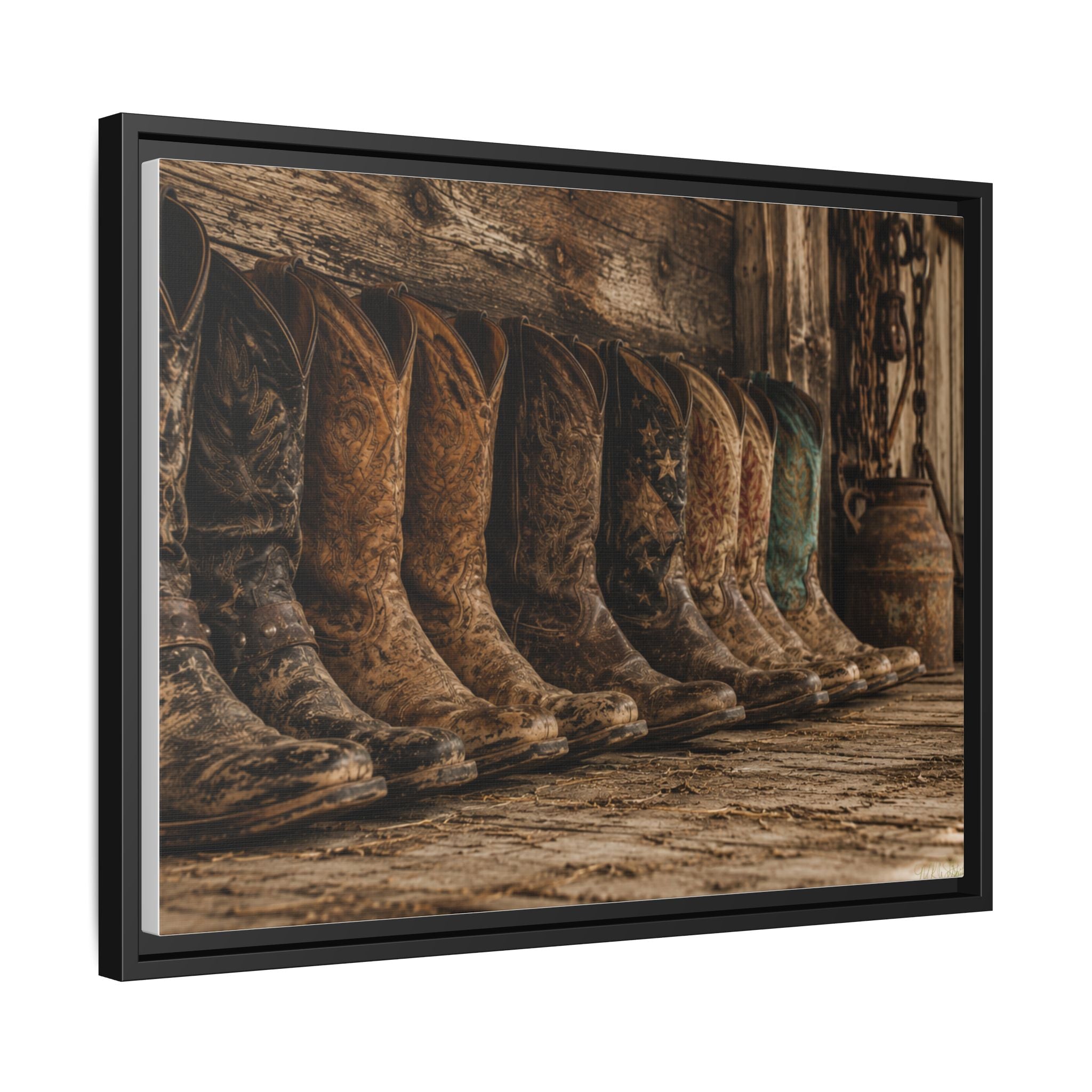 Legends in Leather - Framed Matte Canvas Print — Vintage Cowboy Boots Wall Art