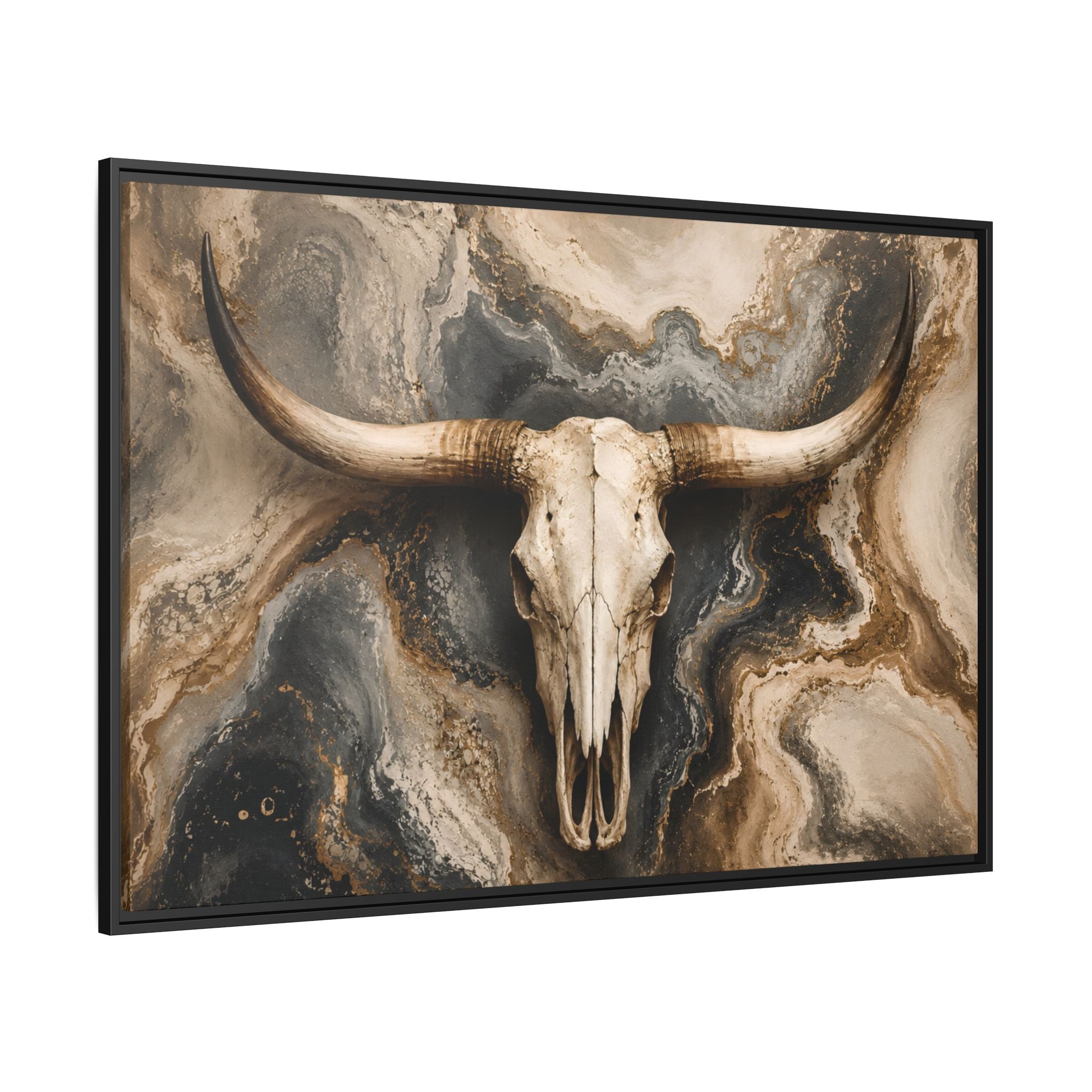 Western longhorn skull artwork featuring a dramatic marbled background in ivory, charcoal, taupe, and gold. Modern ranch-inspired wall art blending rustic Western heritage with luxury farmhouse and contemporary home décor styles. Great for over the fireplace, office, entry, great room, lodge, cabin, or executive office.
