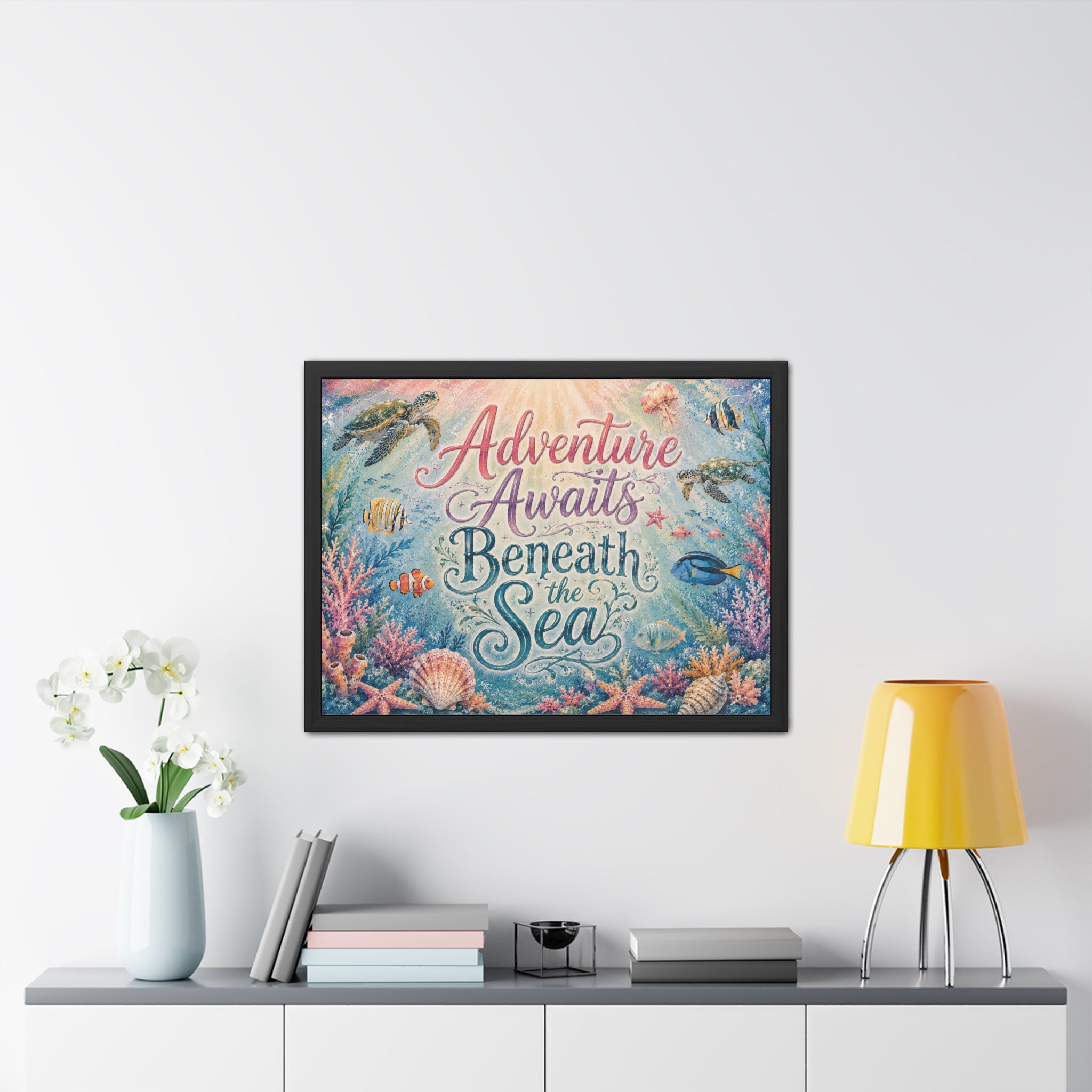 Whimsical ocean typography artwork combines elegant lettering with playful underwater details. Sea turtles, tropical fish, coral gardens, shells, and gentle ocean light. 