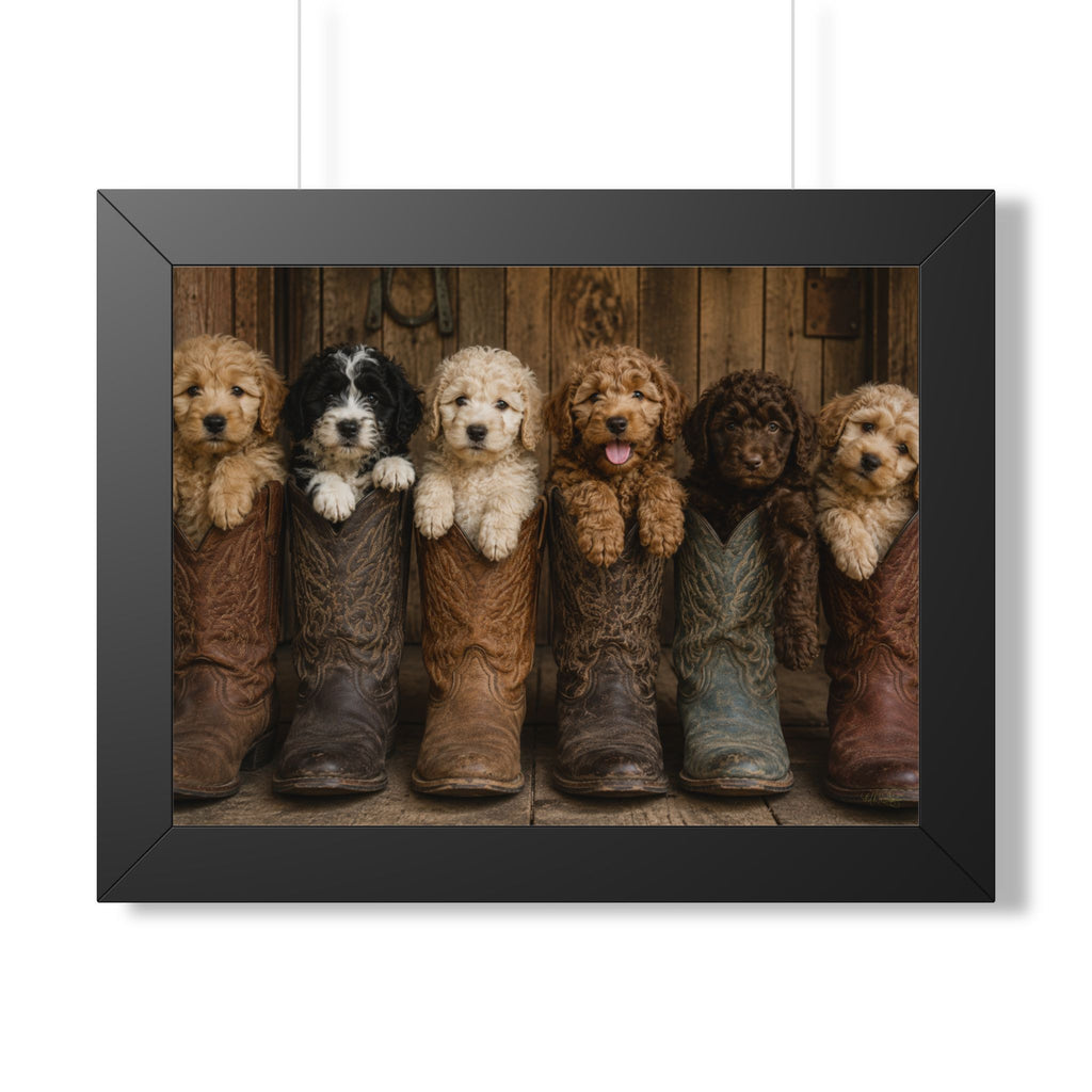 Black Framed - Six adorable puppies nestled inside weathered cowboy boots create a heartwarming blend of Western charm, playful personalities, and rustic farmhouse style.