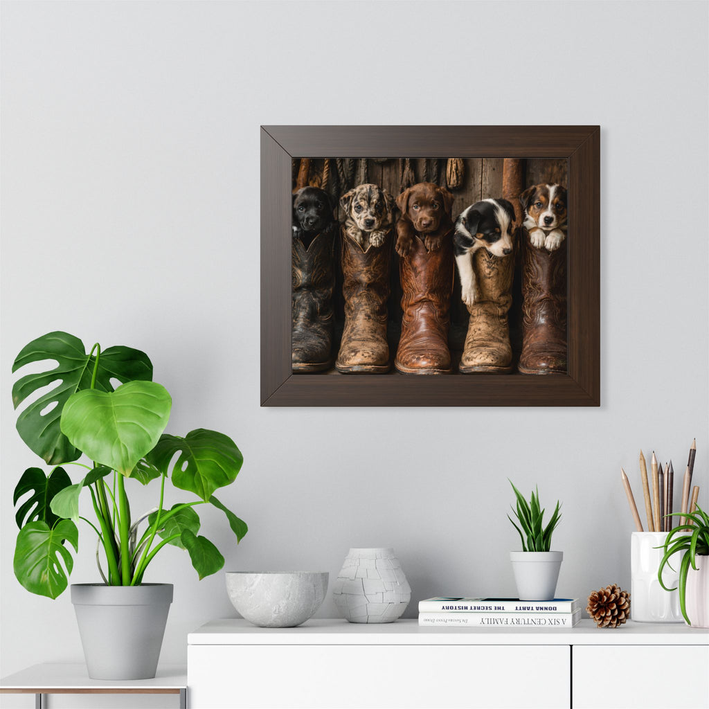 Brown Frame Wall Portrait Office  - Five adorable puppies nestled in weathered cowboy boots create a heartwarming scene filled with Western charm, playful personalities, and rustic country style.