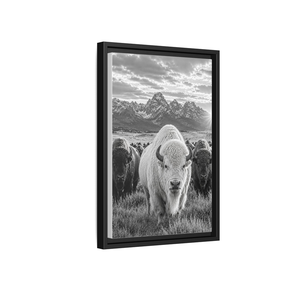 Side View - A striking black-and-white wildlife photograph featuring a rare white bison leading its herd beneath towering mountain peaks. Bold, timeless, and rich with western character, this fine art image celebrates the power and majesty of the American wilderness.