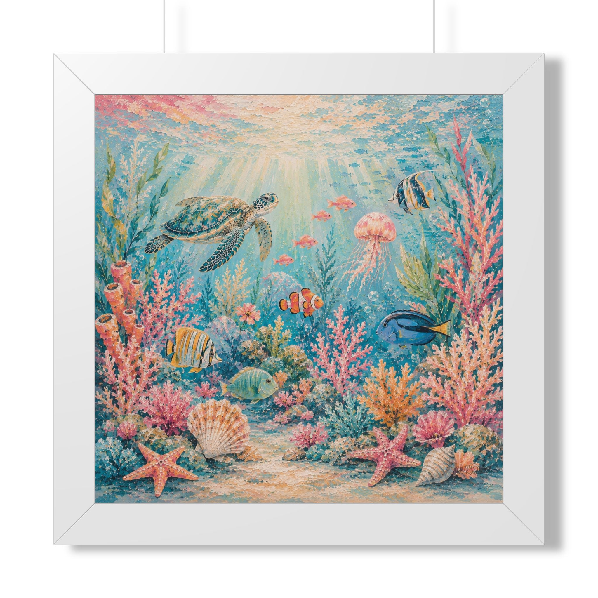 WHITE FRAME - A graceful sea turtle explores a colorful coral reef beneath sparkling ocean waters.