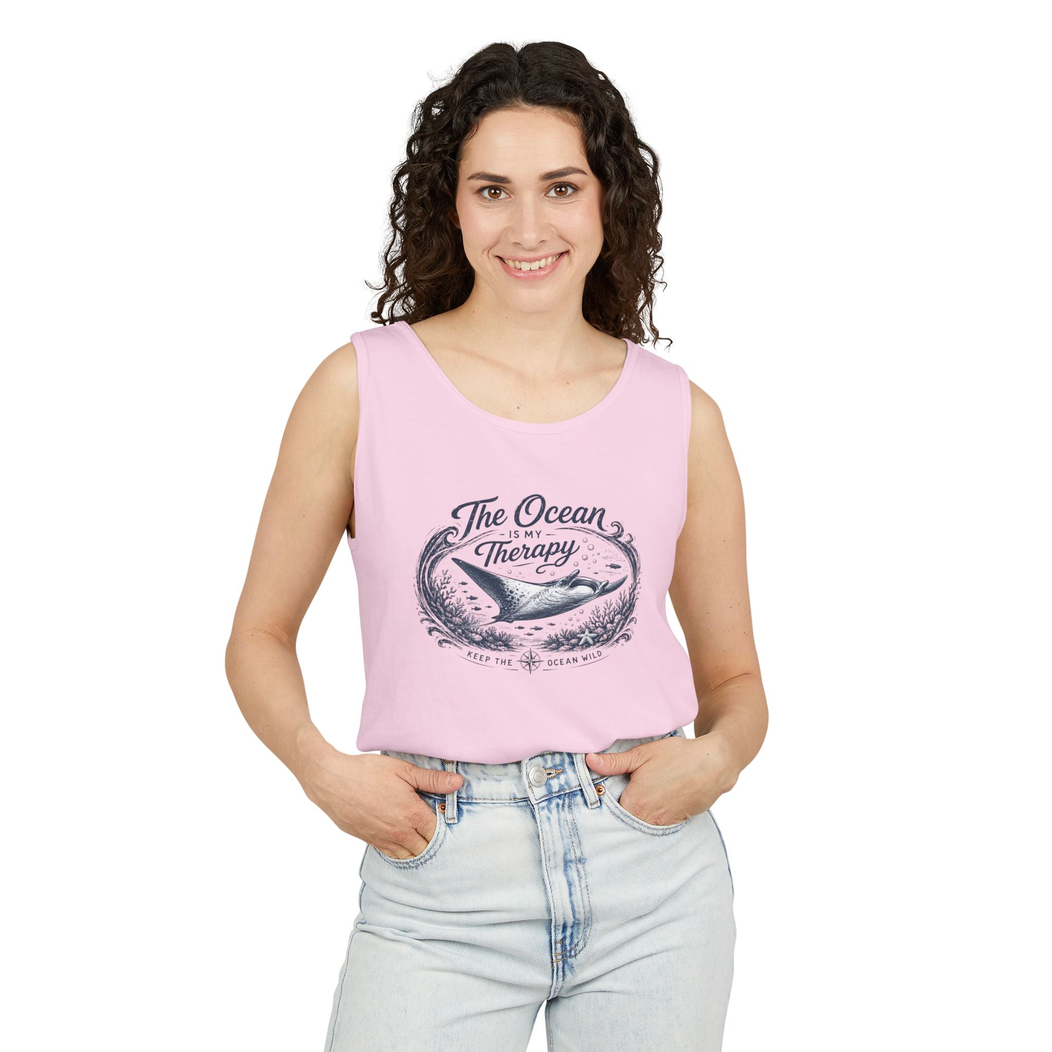 The Ocean Is My Therapy | Vintage Manta Ray Graphic Shirt | Keep the Ocean Wild - Unisex Garment-Dyed Tank Top