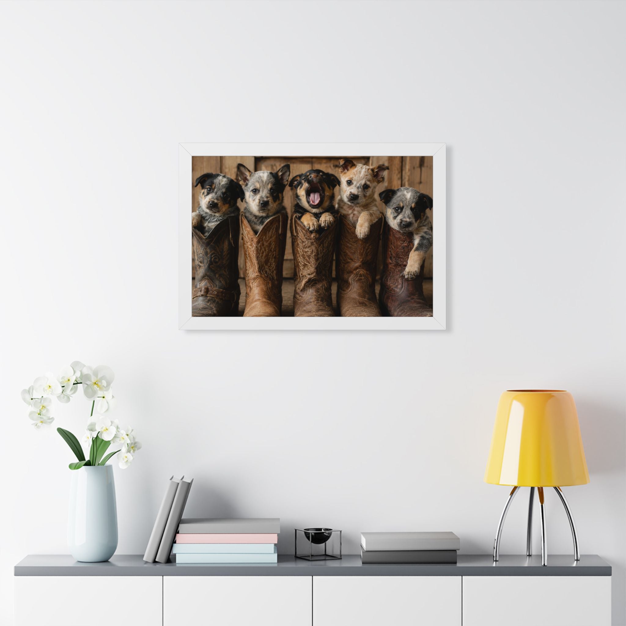 White Frame in Office - Adorable puppies peeking from weathered cowboy boots create a heartwarming blend of Western charm, playful personalities, and rustic farmhouse style.