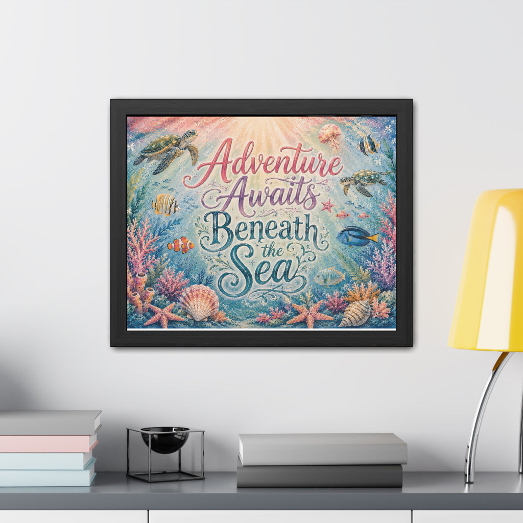 KIDS CHOOL ROOM - Whimsical ocean typography artwork combines elegant lettering with playful underwater details. Sea turtles, tropical fish, coral gardens, shells, and gentle ocean light. 