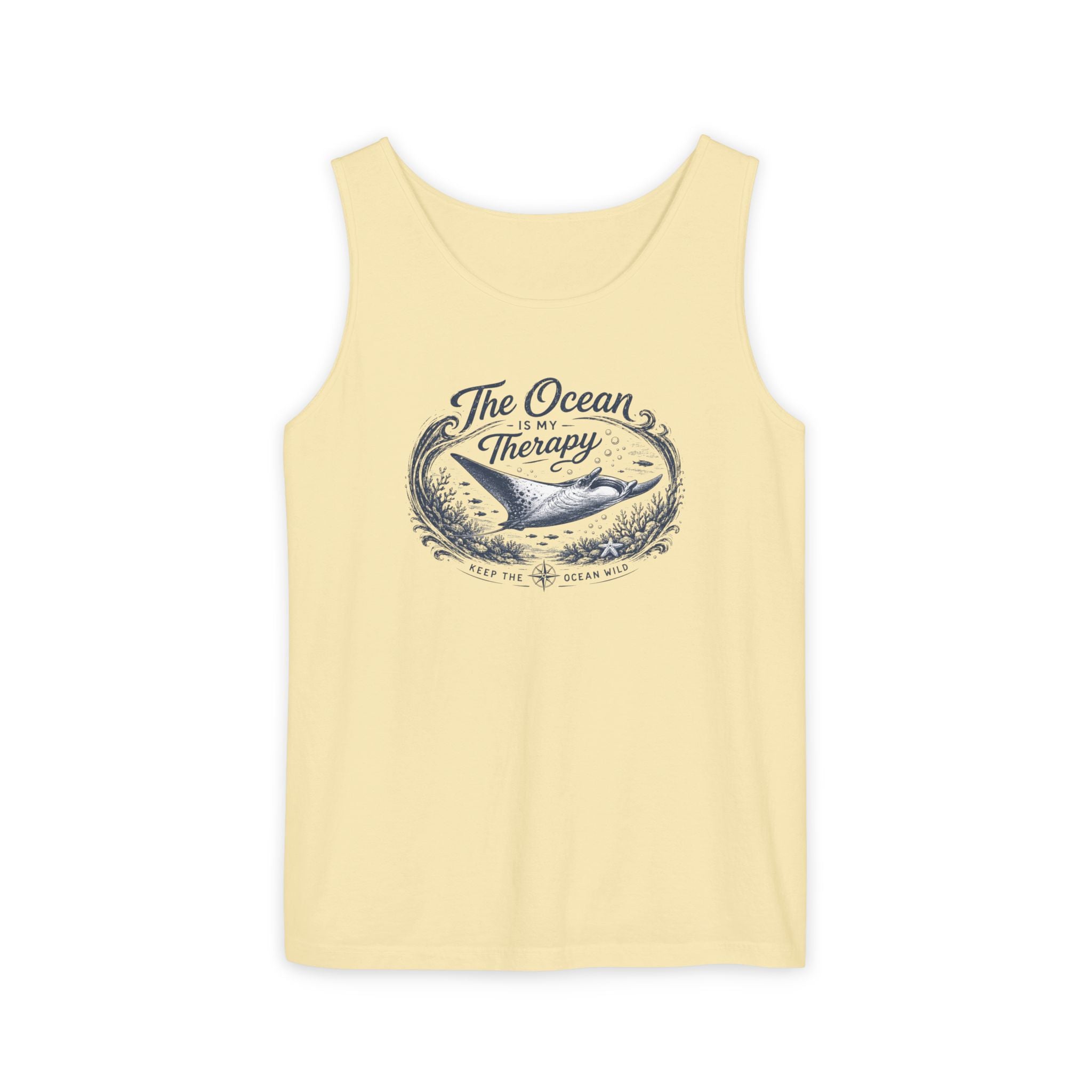 The Ocean Is My Therapy | Vintage Manta Ray Graphic Shirt | Keep the Ocean Wild - Unisex Garment-Dyed Tank Top