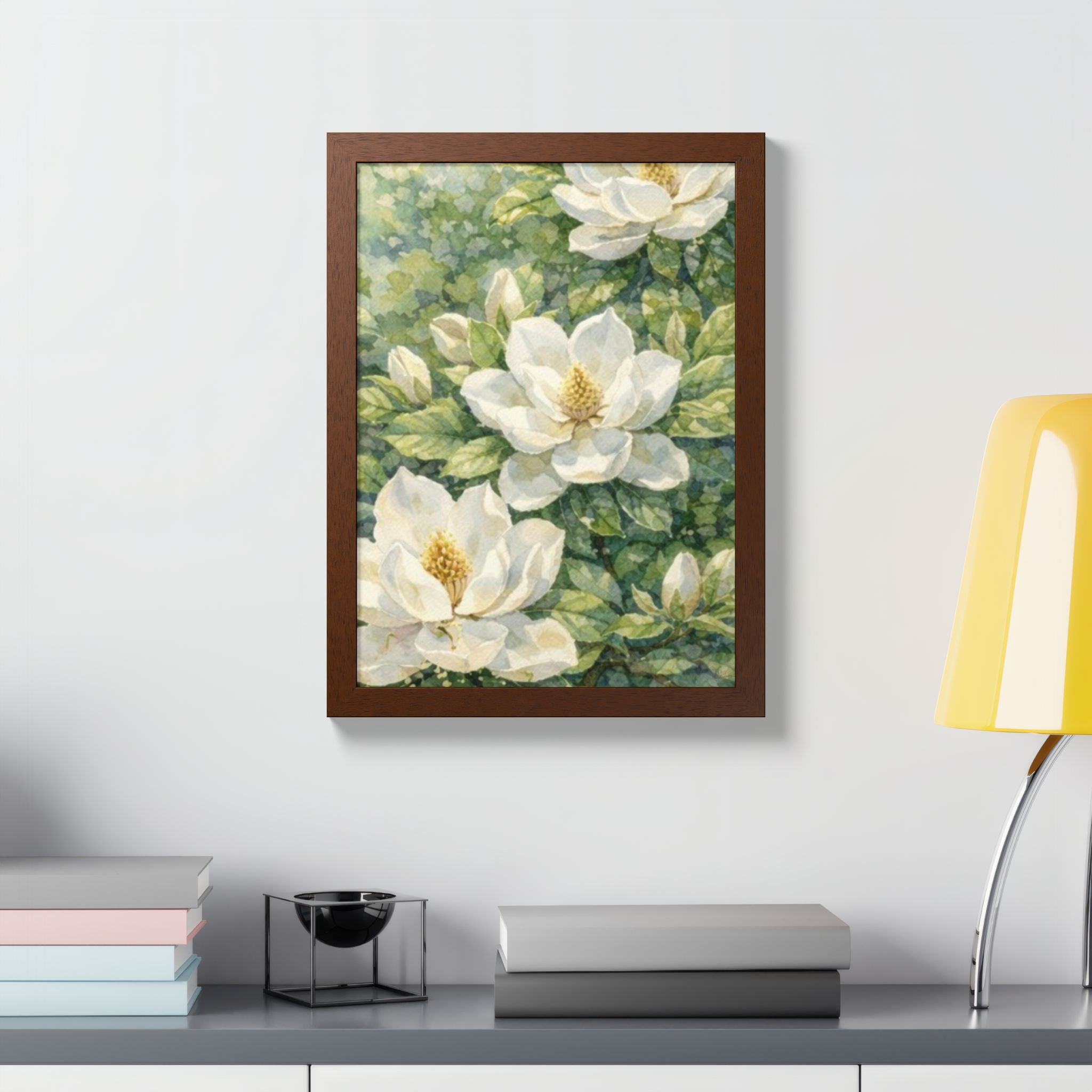 Magnolia Blossom Watercolor Framed Poster — Southern Botanical Wall Art