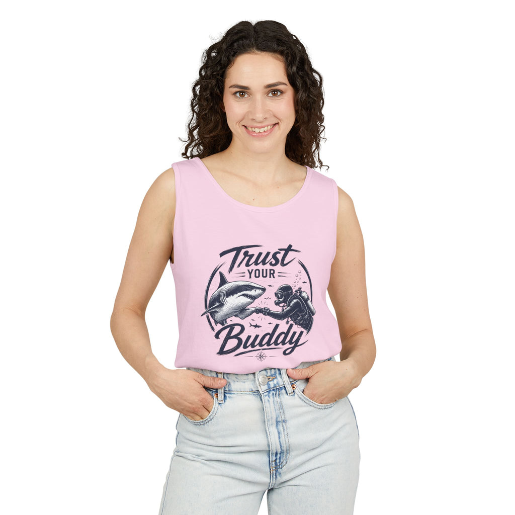 Trust Your Buddy | Vintage Scuba Diver Graphic Shirt | Keep the Ocean Wild -  Unisex Garment-Dyed Tank Top