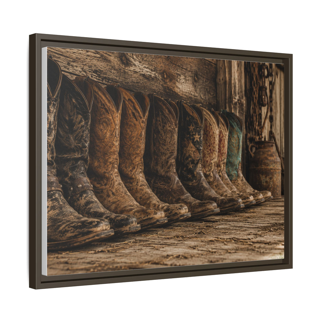 Legends in Leather - Framed Matte Canvas Print — Vintage Cowboy Boots Wall Art