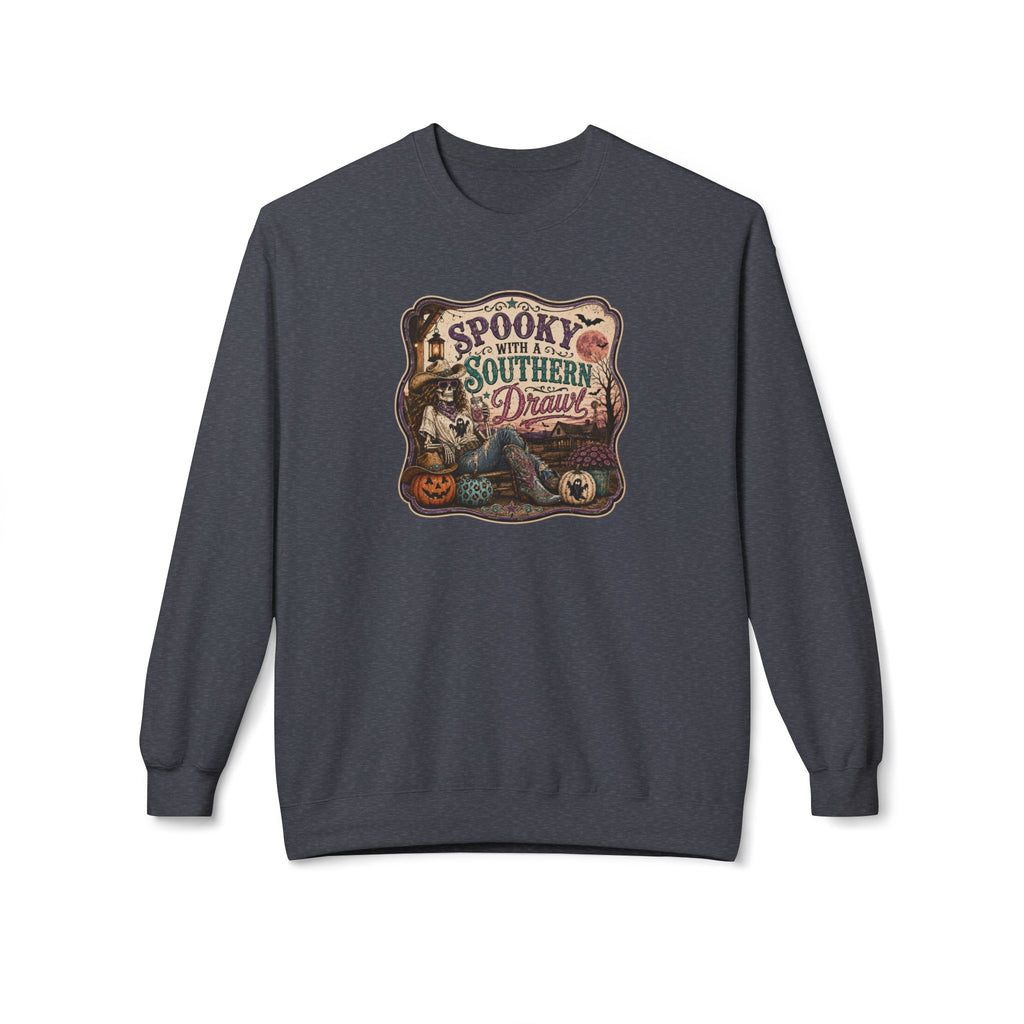 Spooky With a Southern Drawl – Western Halloween Design - Unisex Midweight Softstyle Fleece Crewneck Sweatshirt