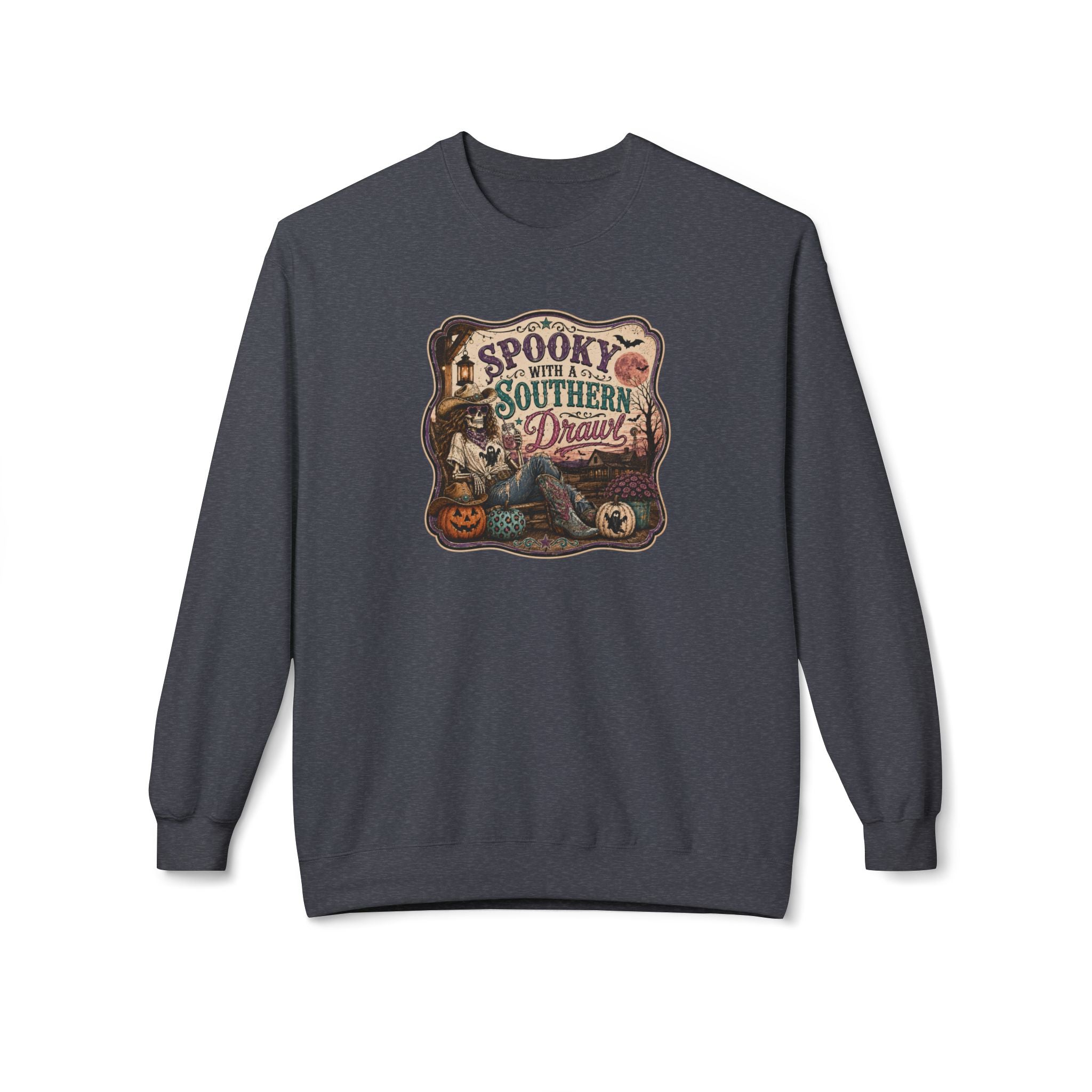 Spooky With a Southern Drawl – Western Halloween Design - Unisex Midweight Softstyle Fleece Crewneck Sweatshirt